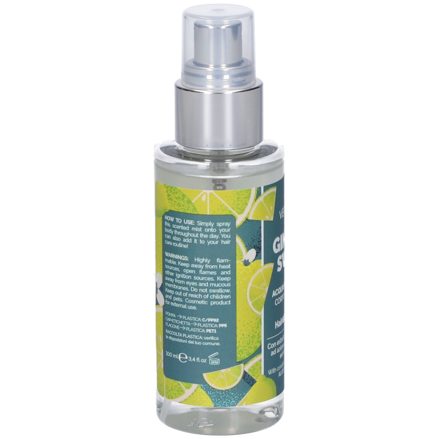 Vista posteriore dello spray. Testo: Istruzioni per l'uso, avvertenze, ingredienti. Decorazione limoni su sfondo verde.