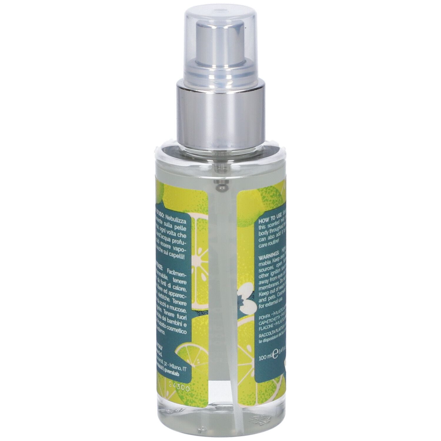 Vista posteriore dello spray. Testo: Istruzioni per l'uso, avvertenze, ingredienti. Decorazione limoni su sfondo verde.