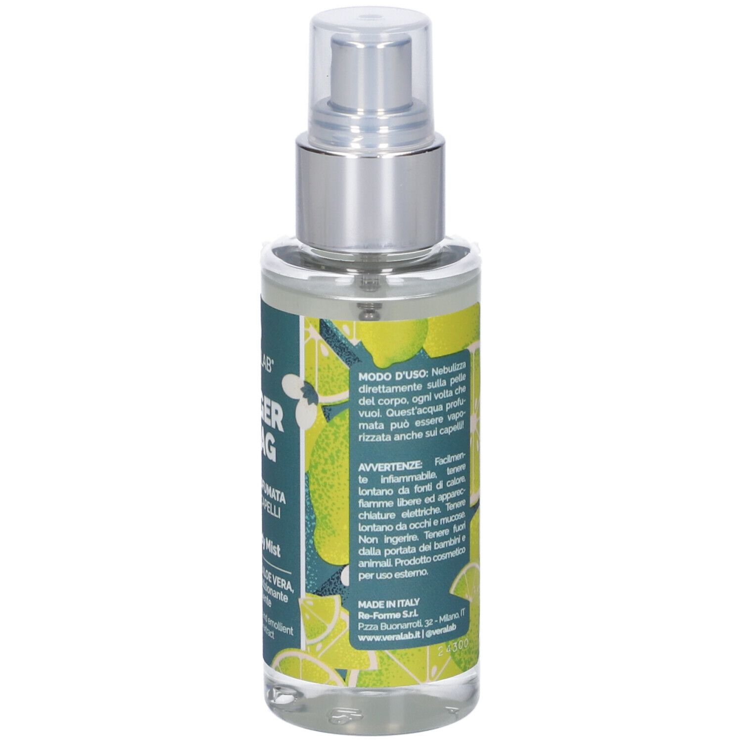 Vista posteriore dello spray. Testo: Istruzioni per l'uso, avvertenze, ingredienti. Decorazione limoni su sfondo verde.