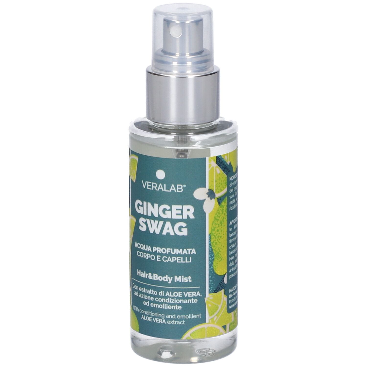 Spray corpo e capelli con vaporizzatore. Scritta: Veralab Ginger Swag. Etichetta verde e bianca con decoro limoni.