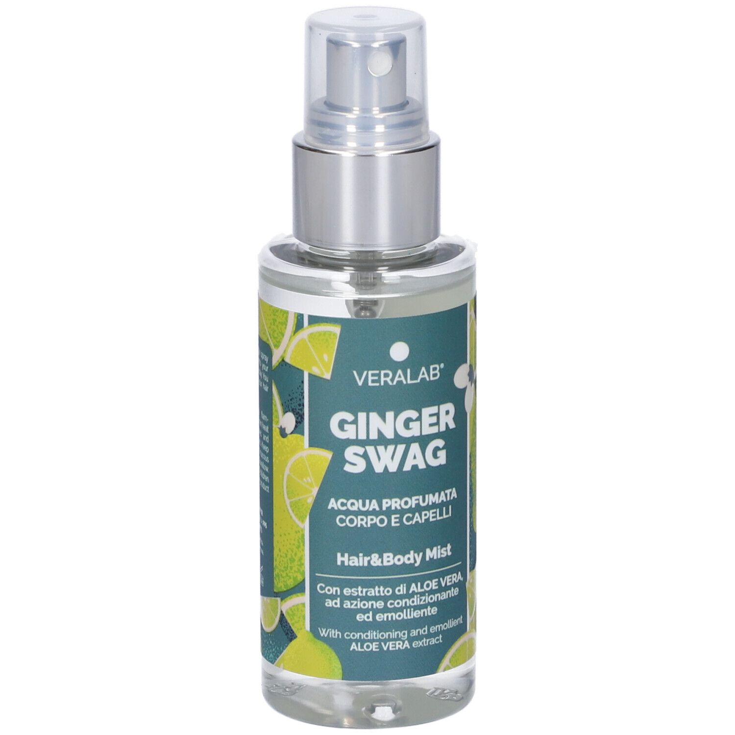 Spray corpo e capelli con vaporizzatore. Scritta: Veralab Ginger Swag. Etichetta verde e bianca con decoro limoni.