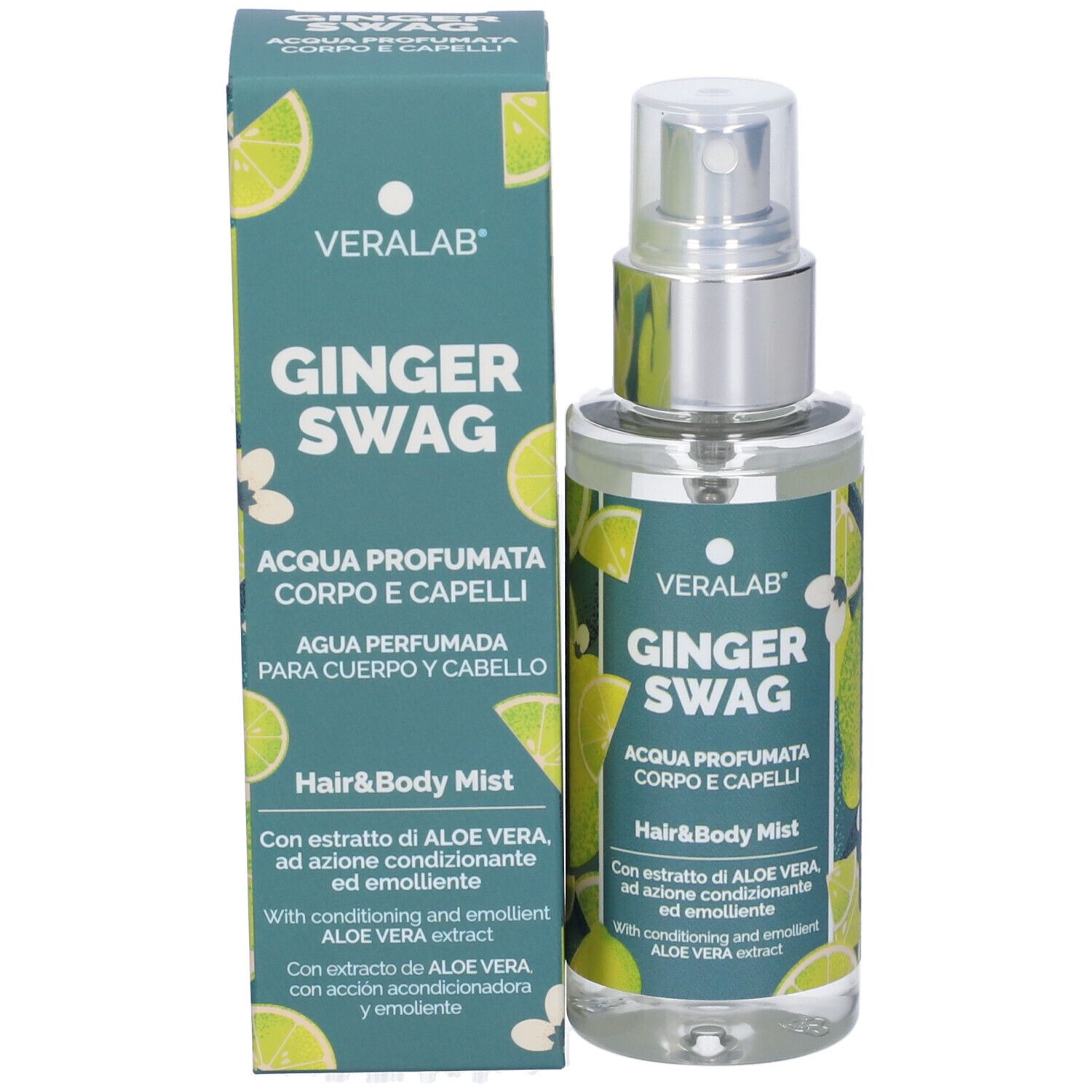 Spray corpo e capelli con confezione. Scritta: Veralab Ginger Swag. Etichetta verde e bianca con decoro limoni.