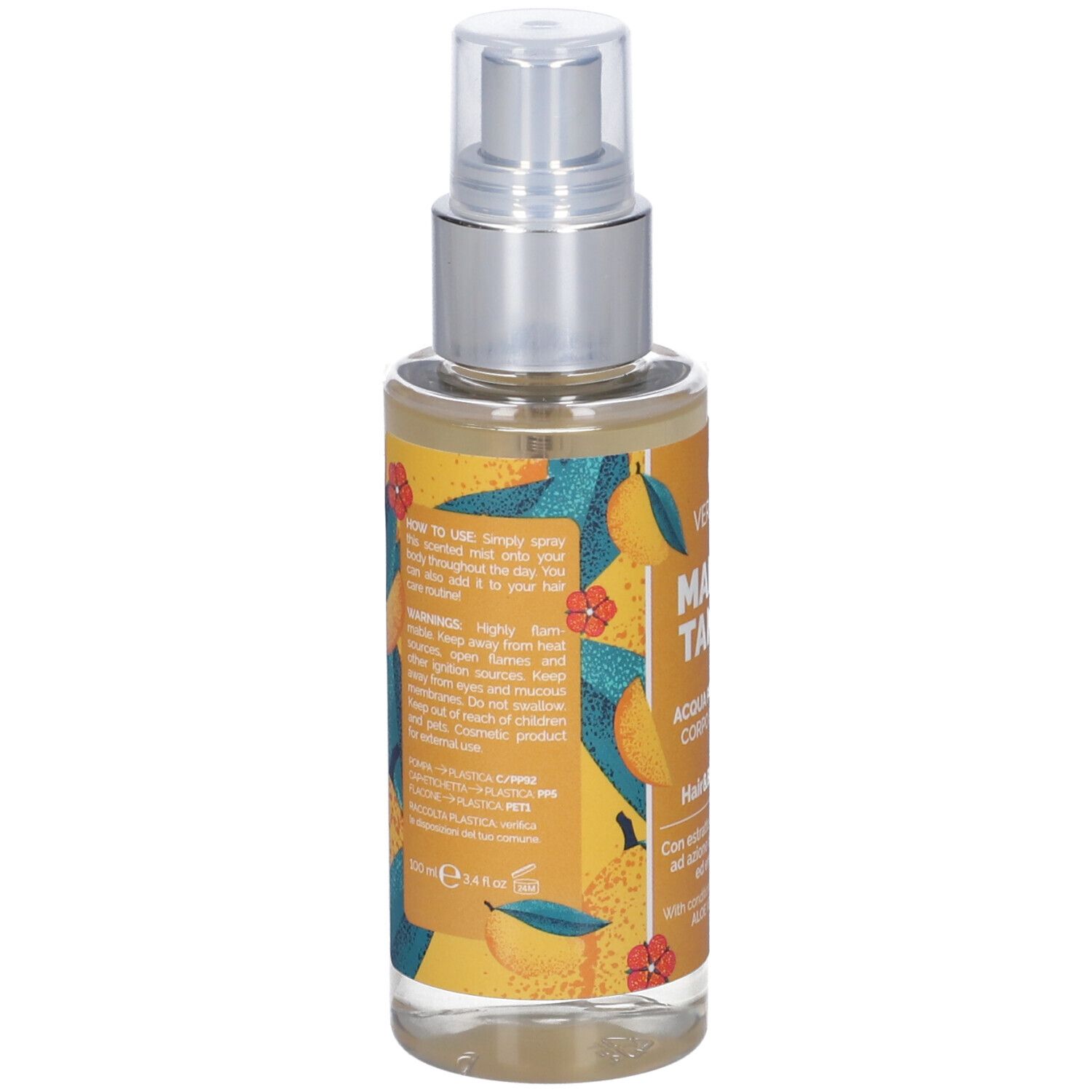 Retro della bottiglia di spray per corpo e capelli. Etichetta gialla con testo: Istruzioni per l'uso, Avvertenze. Motivo mango.