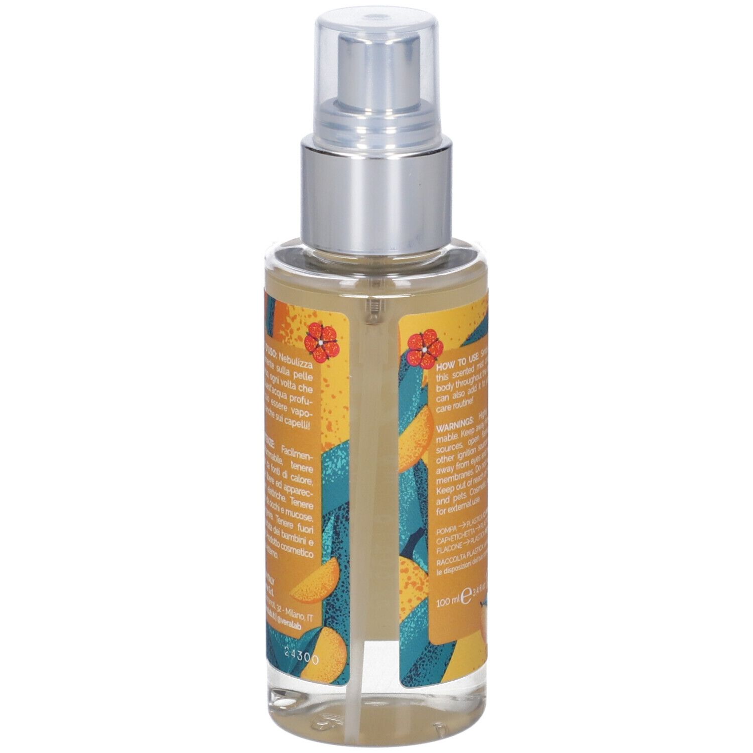 Retro della bottiglia di spray per corpo e capelli. Etichetta gialla con testo e motivo mango. Prodotto in Italia.