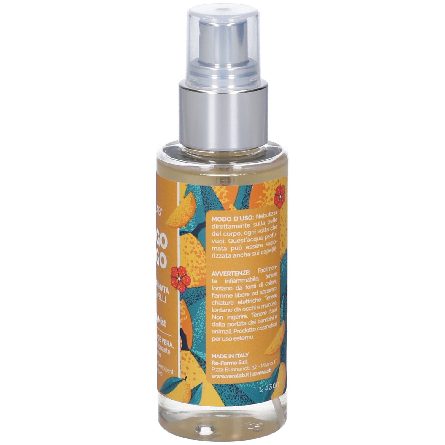 Bottiglia di spray per corpo e capelli. Etichetta gialla con testo e motivo mango. Marca: Veralab. Prodotto in Italia.