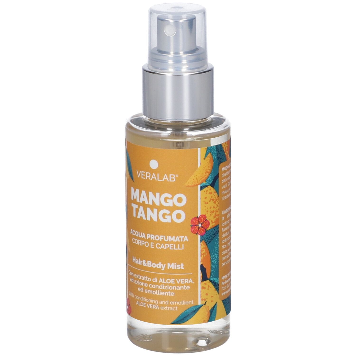 Bottiglia di spray per corpo e capelli. Etichetta gialla con testo: Mango Tango, Hair & Body Mist. Marca: Veralab. Motivo mango.