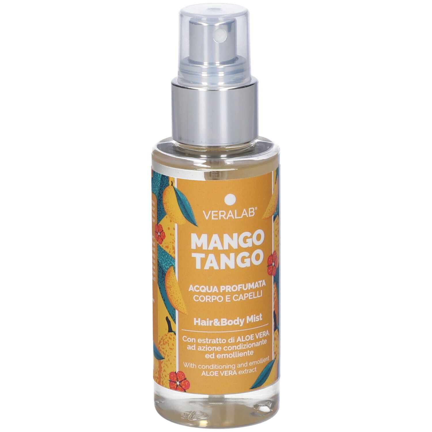 Bottiglia di spray per corpo e capelli. Etichetta gialla con testo: Mango Tango, Hair & Body Mist. Marca: Veralab. Motivo mango.