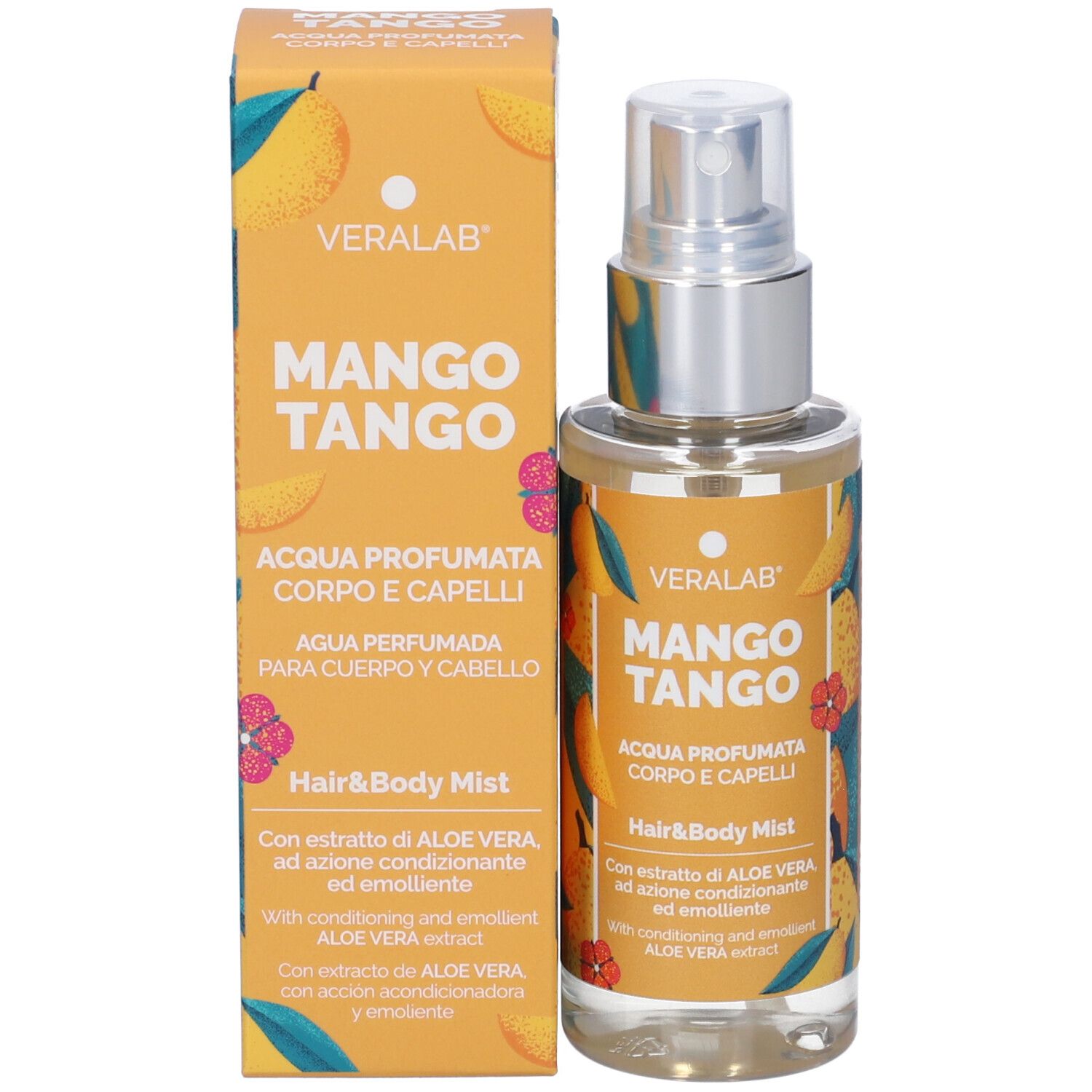 Bottiglia di spray per corpo e capelli accanto alla confezione. Etichetta gialla con testo: Mango Tango, Hair & Body Mist. Marca: Veralab.