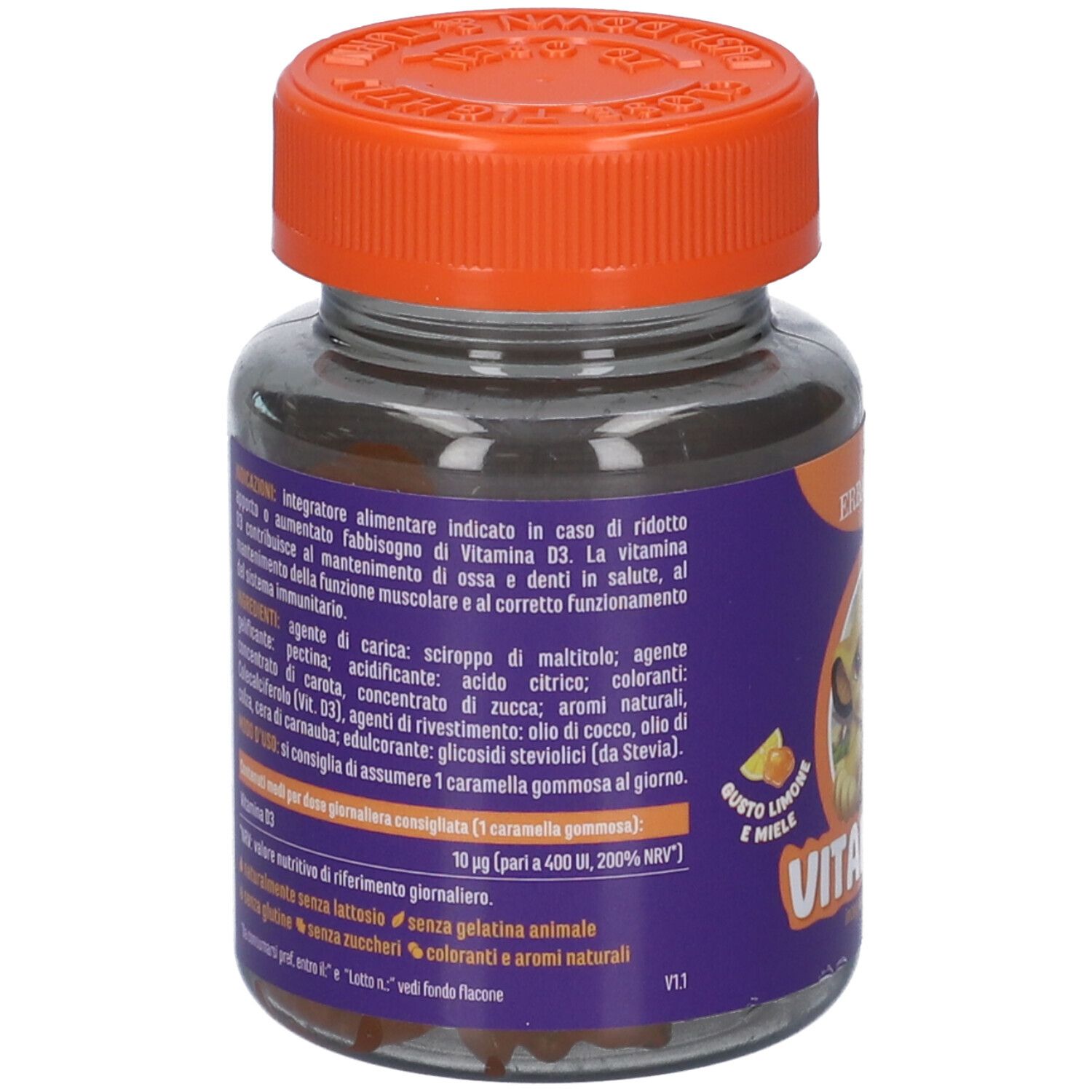 Retro del flacone di caramelle gommose alla vitamina D. Scritte: Erba Vita, Disney, The Lion King, Vitamina D.