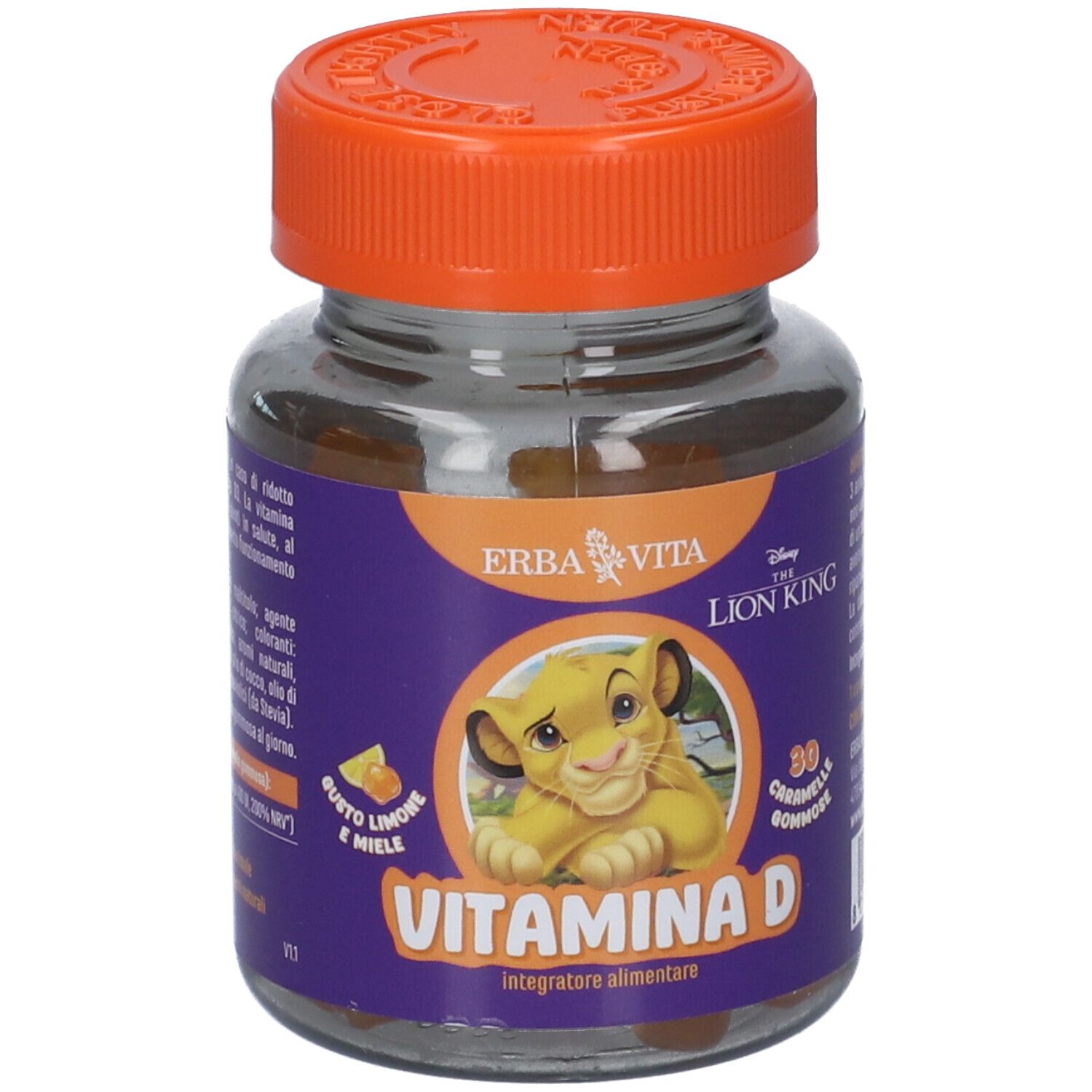 Flacone in vetro di caramelle gommose alla vitamina D. Scritte: Erba Vita, Disney, The Lion King, Vitamina D, 30 Gommose.