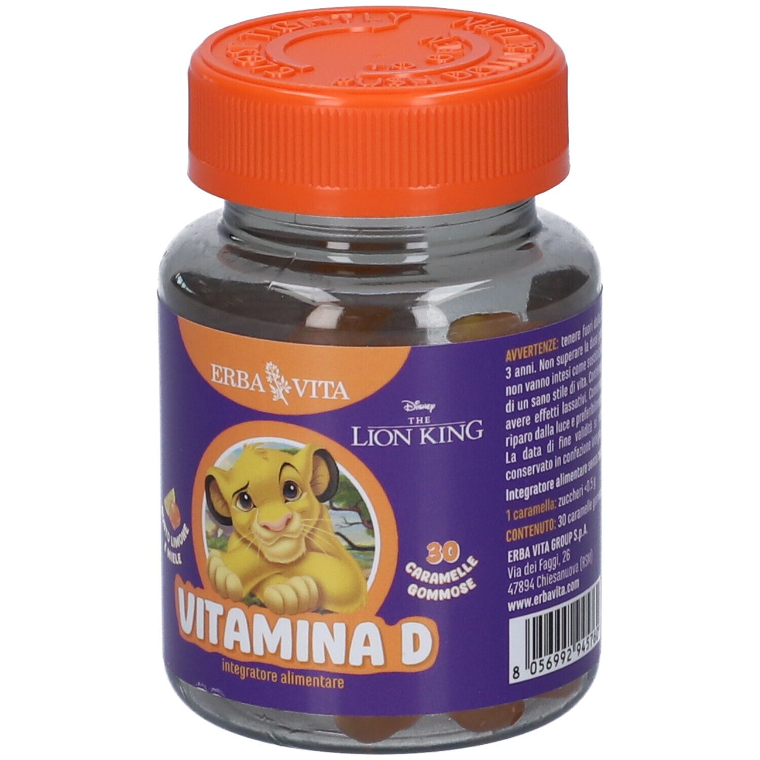 Flacone in vetro di caramelle gommose alla vitamina D. Scritte: Erba Vita, Disney, The Lion King, Vitamina D, 30 Gommose.