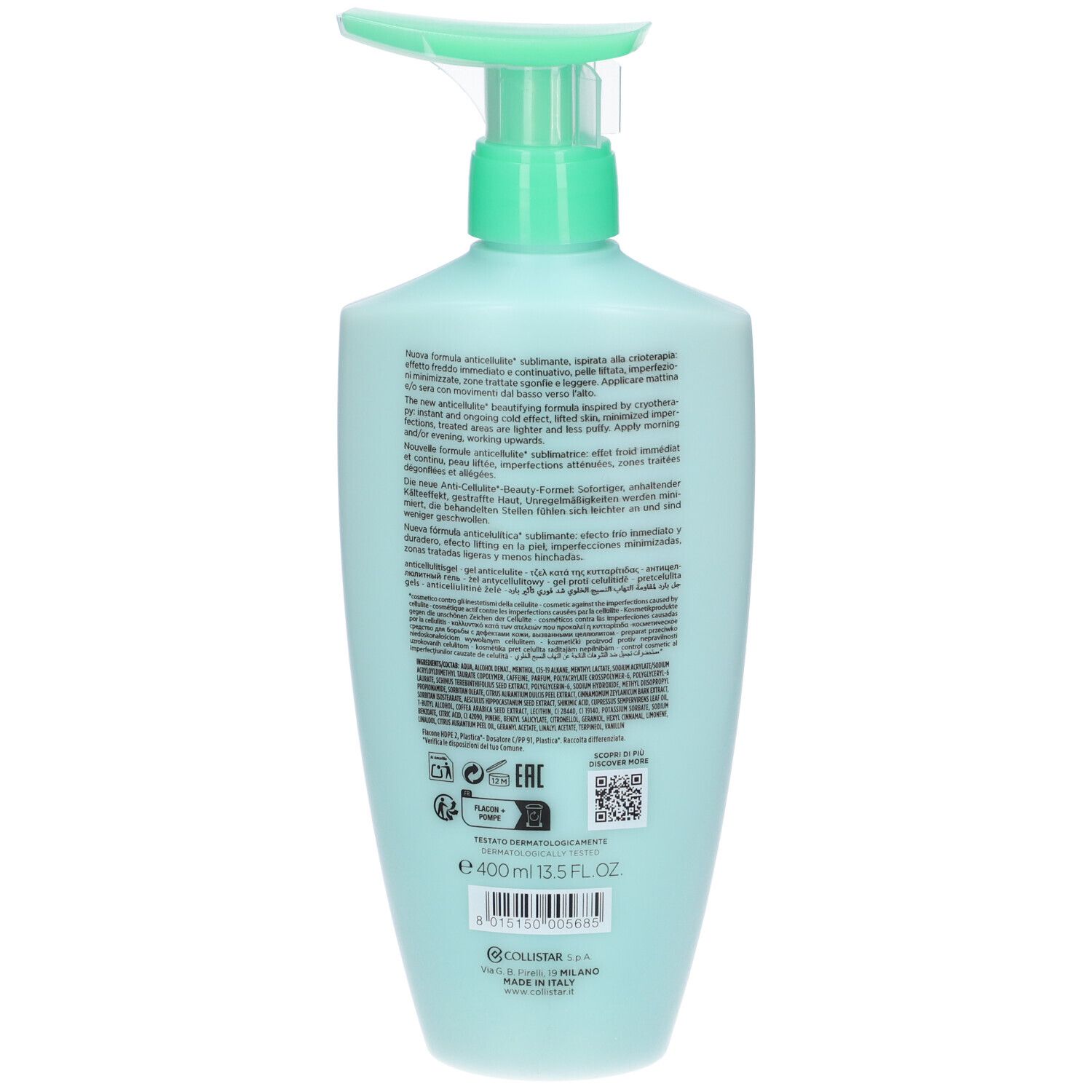 Retro del flacone azzurro. Testo multilingue. Codice QR e loghi. Volume: 400 ml.