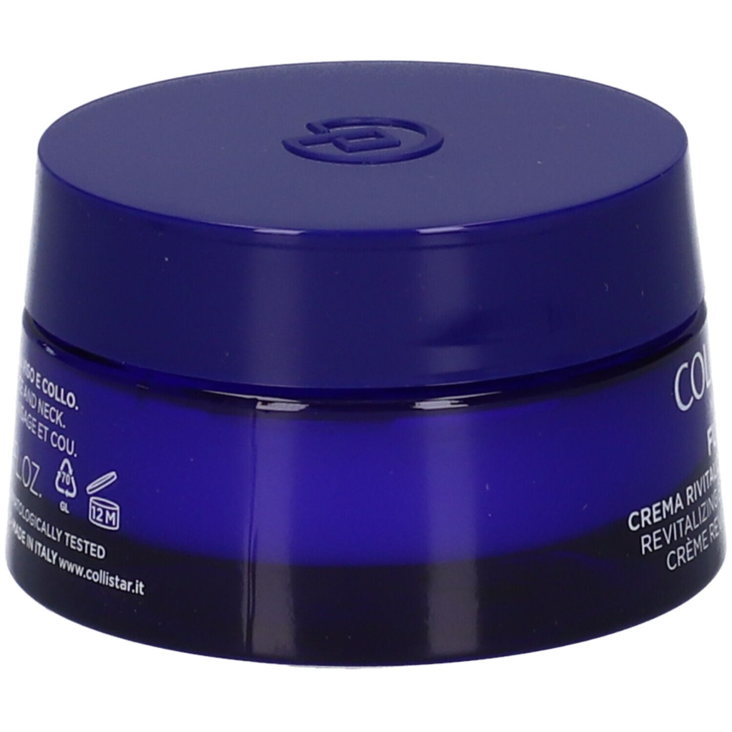 Vasetto blu. Scritta: COLLISTAR. Testo: CREMA RIVITALIZZANTE ILLUMINANTE. Altre informazioni e simboli sul retro del vasetto.
