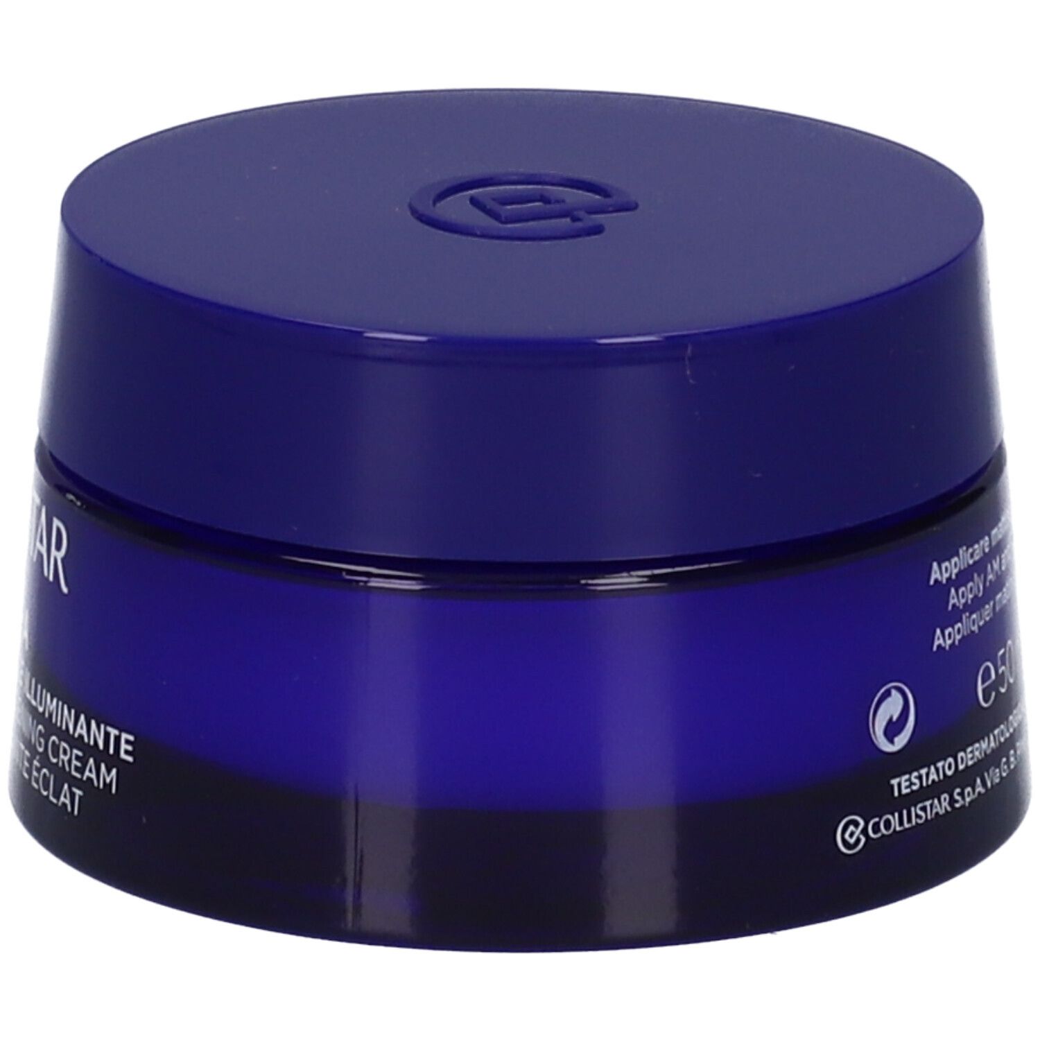Vasetto blu. Scritta: COLLISTAR. Testo: CREMA RIVITALIZZANTE ILLUMINANTE. Altre informazioni sul vasetto.