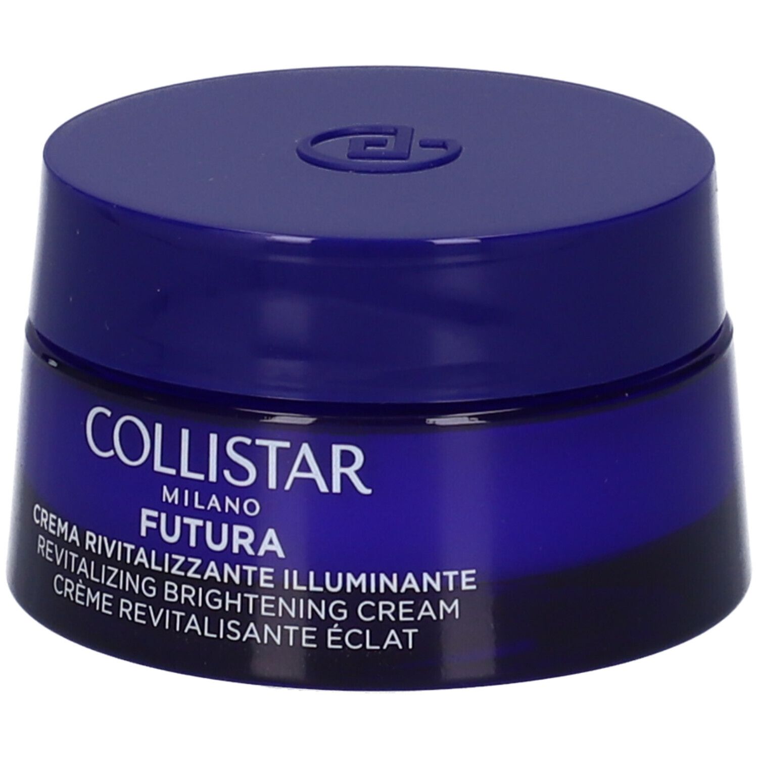 Vasetto blu con coperchio. Scritta: COLLISTAR MILANO FUTURA CREMA RIVITALIZZANTE ILLUMINANTE. Crema. Informazioni visibili sul prodotto.