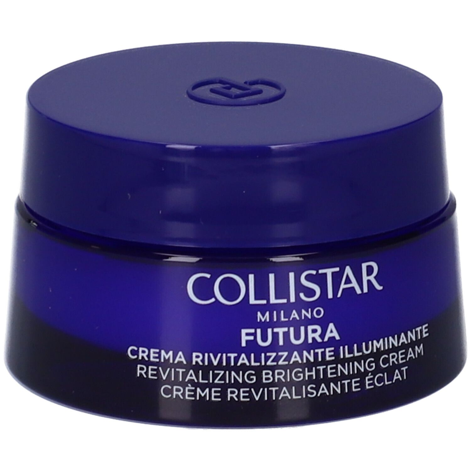 Vasetto blu con coperchio. Scritta: COLLISTAR MILANO FUTURA CREMA RIVITALIZZANTE ILLUMINANTE. Crema. Informazioni visibili sul prodotto.