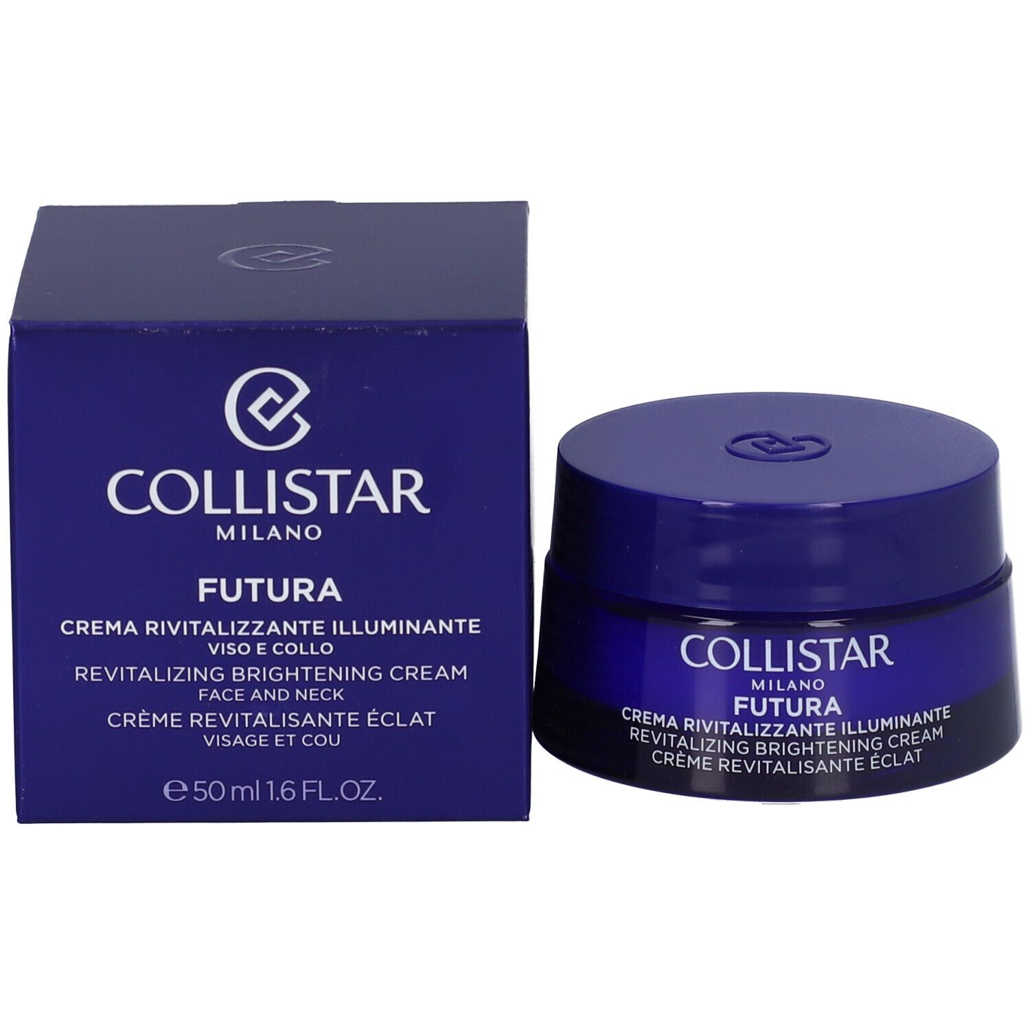 Scatola e vasetto blu. Scritta: COLLISTAR FUTURA CREMA RIVITALIZZANTE ILLUMINANTE. Crema. 50 ml. Informazioni visibili sul prodotto.