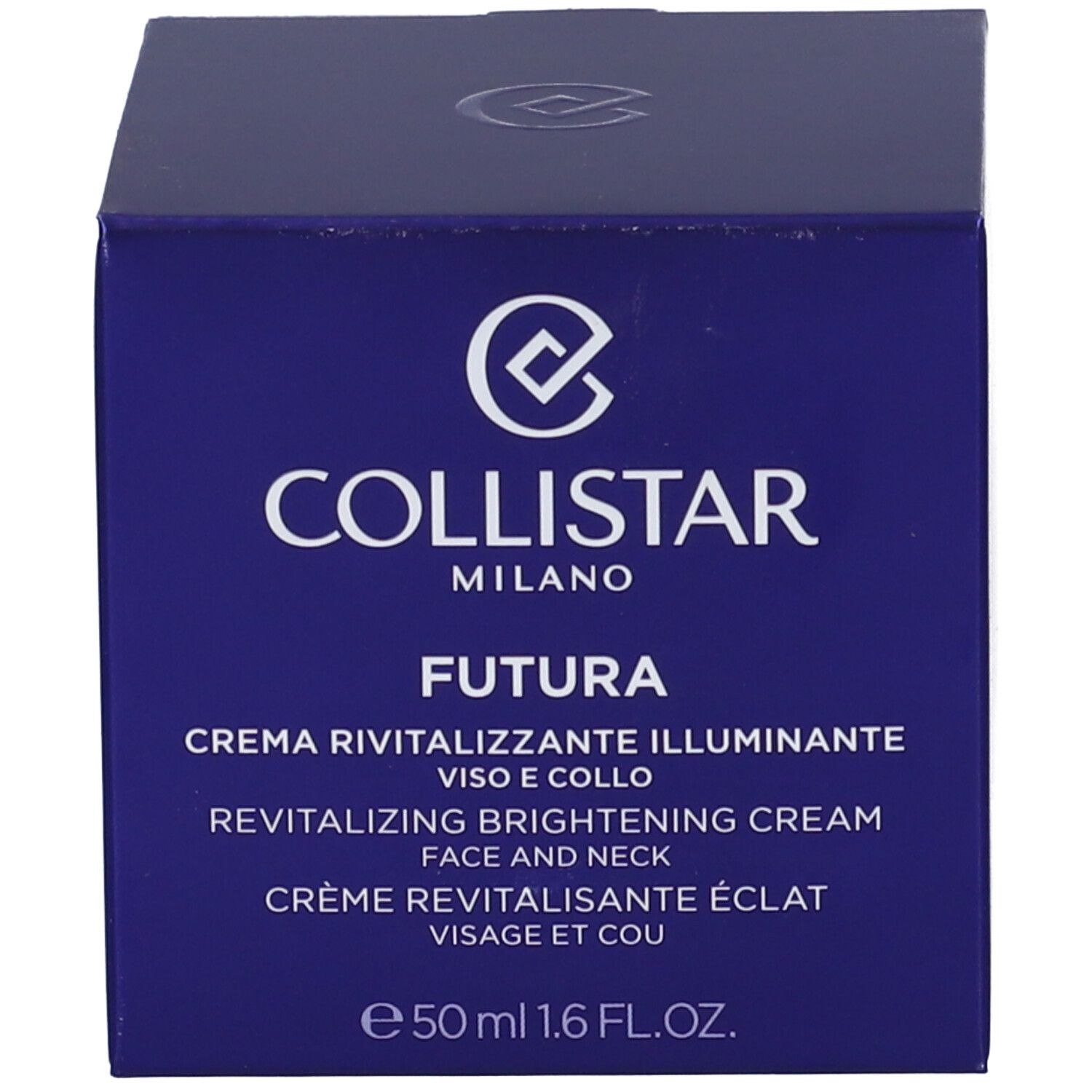 Scatola blu. Scritta: COLLISTAR FUTURA CREMA RIVITALIZZANTE ILLUMINANTE. Crema. 50 ml. Informazioni visibili sul prodotto.