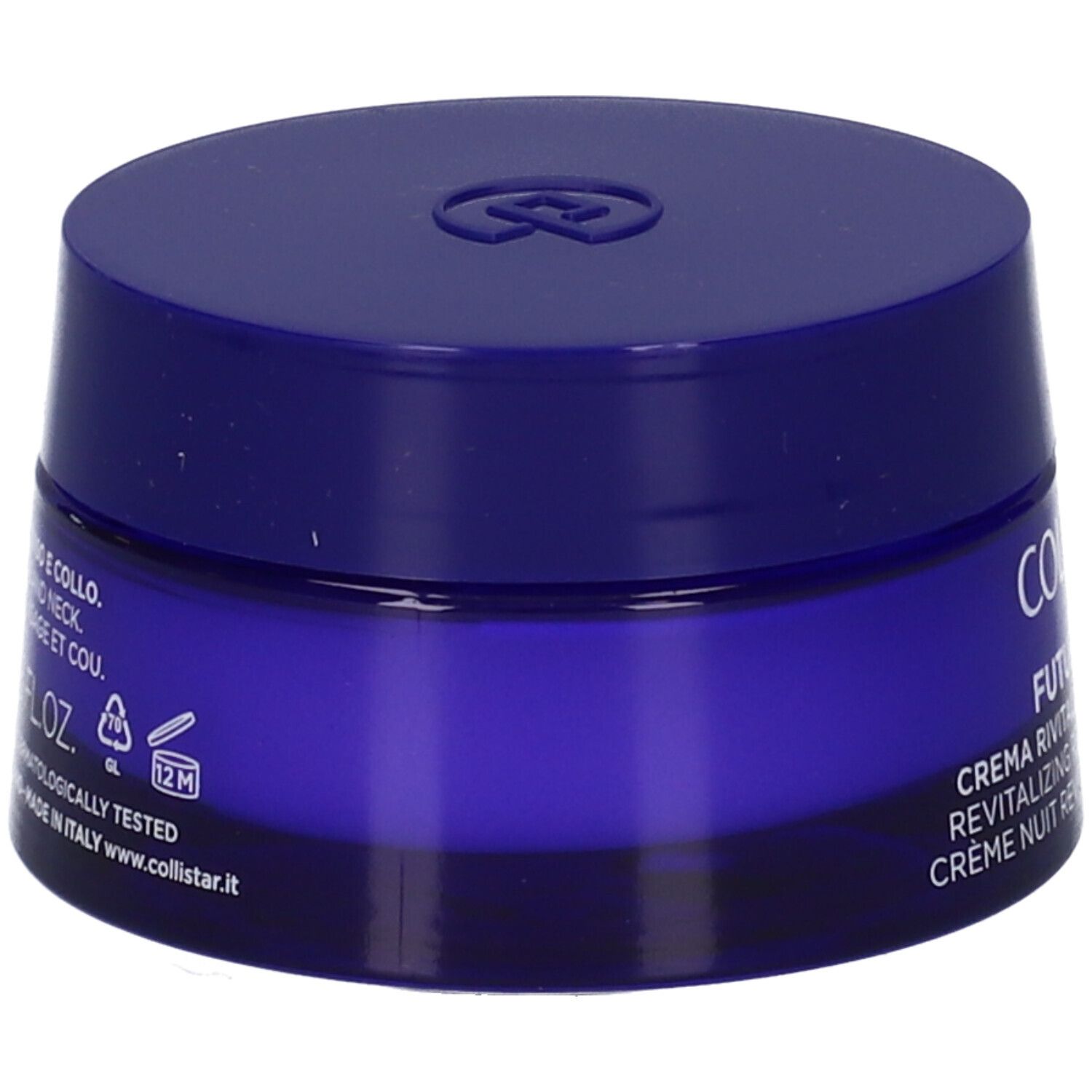Vasetto blu, retro. Scritta: crema, simbolo 12M, www.collistar.it. Testato dermatologicamente.
