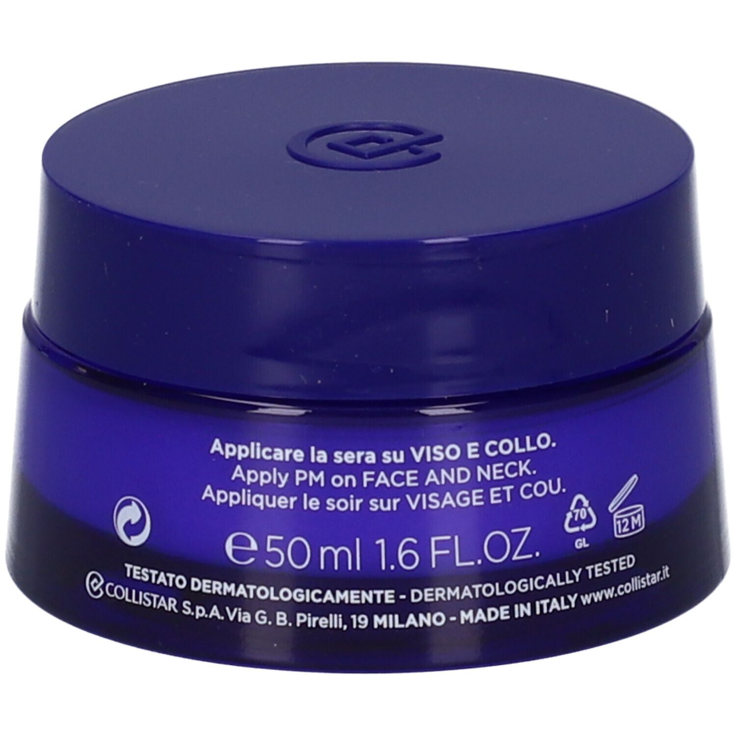 Vasetto blu, retro. Scritta: istruzioni per l'uso, 50 ml, 1.6 FL.OZ. Testato dermatologicamente.