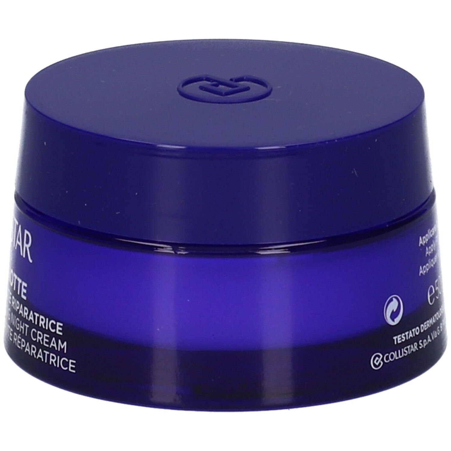 Vasetto blu. Scritta: COLLISTAR, FUTURA NOTTE, crema notte. Logo sul coperchio.