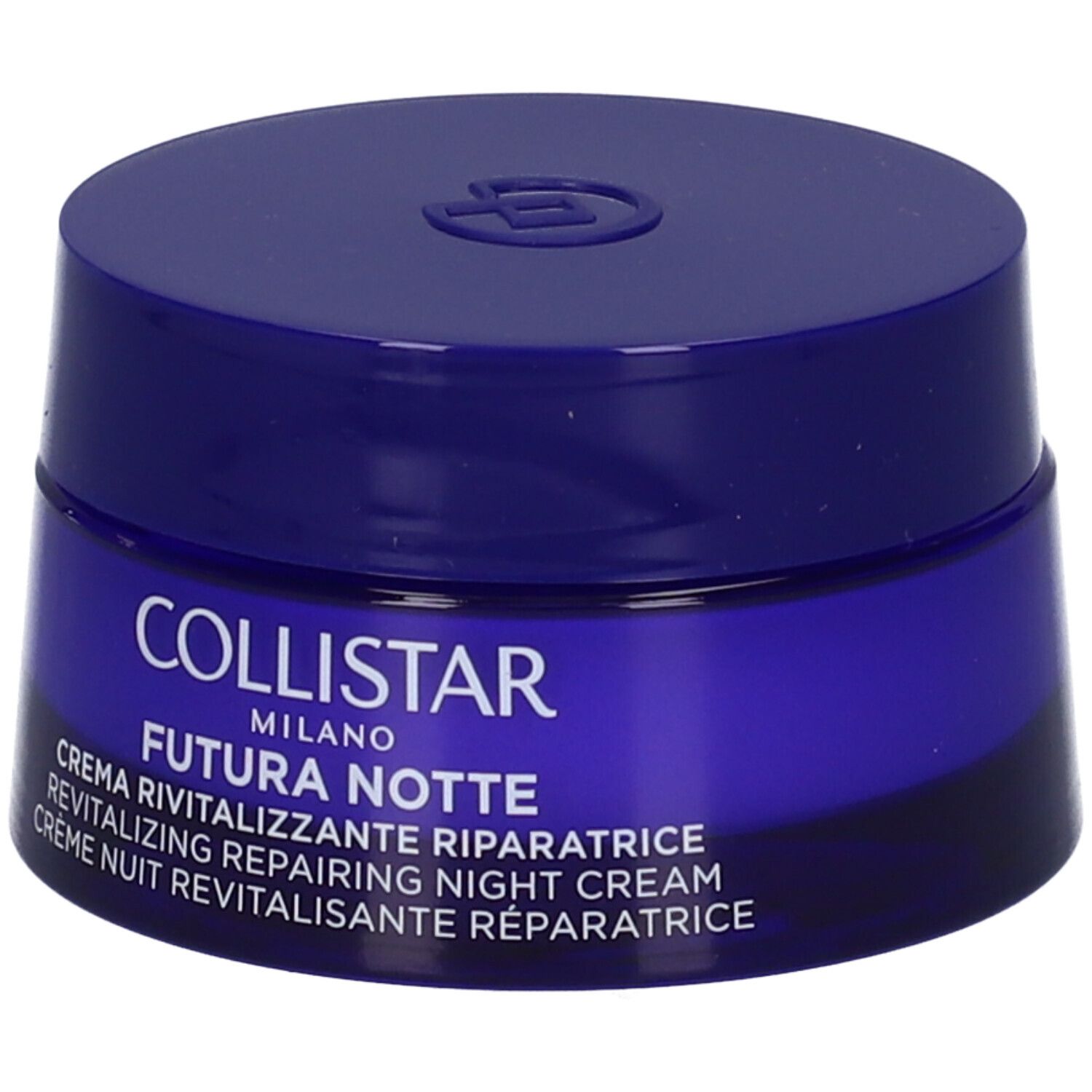 Vasetto blu. Scritta: COLLISTAR, FUTURA NOTTE, crema notte. Logo sul coperchio.