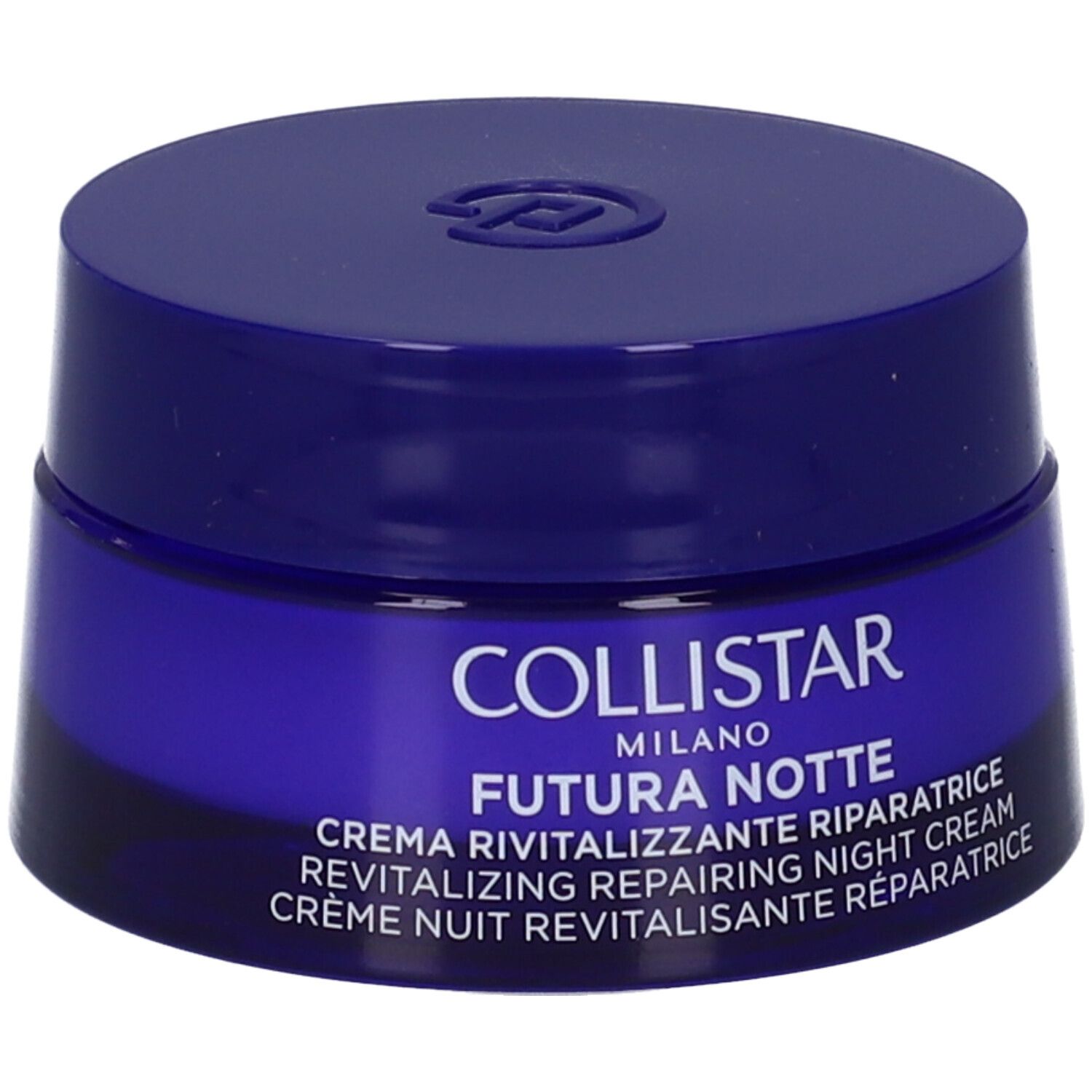 Vasetto blu. Scritta: COLLISTAR, FUTURA NOTTE, crema notte. Logo sul coperchio.
