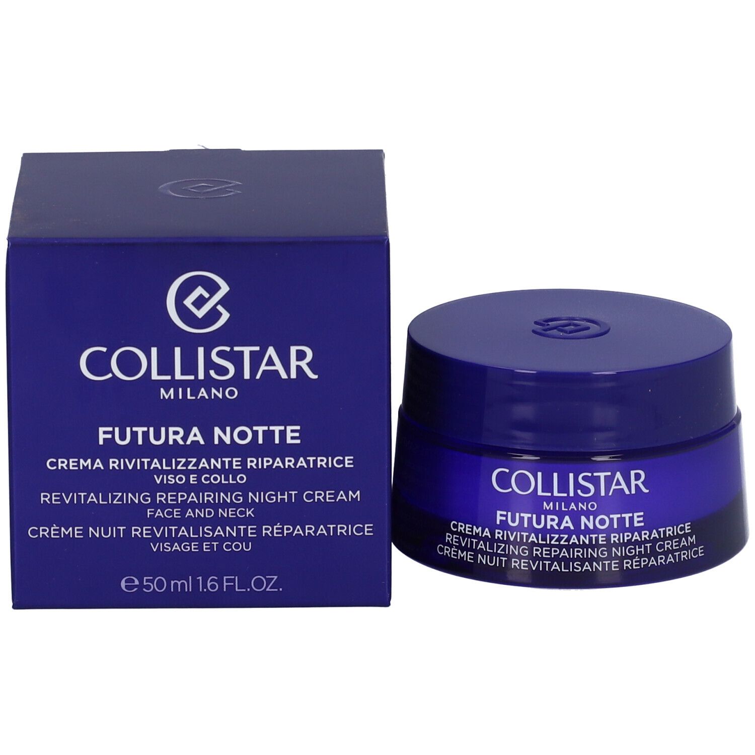 Vasetto e scatola blu. Scritta: COLLISTAR, FUTURA NOTTE, crema notte. 50 ml. Logo.