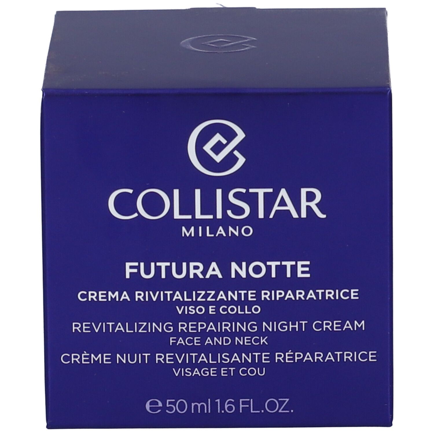 Scatola blu. Scritta: COLLISTAR, FUTURA NOTTE, crema notte. 50 ml. Logo.