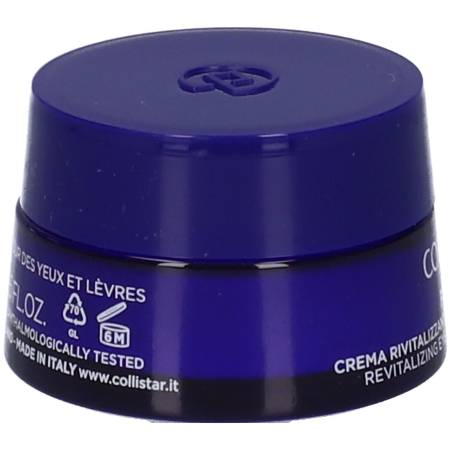 Vasetto blu con coperchio. Scritta: CREMA RIVITALIZZANTE CONTORNO OCCHI E LABBRA. Testo e simboli.