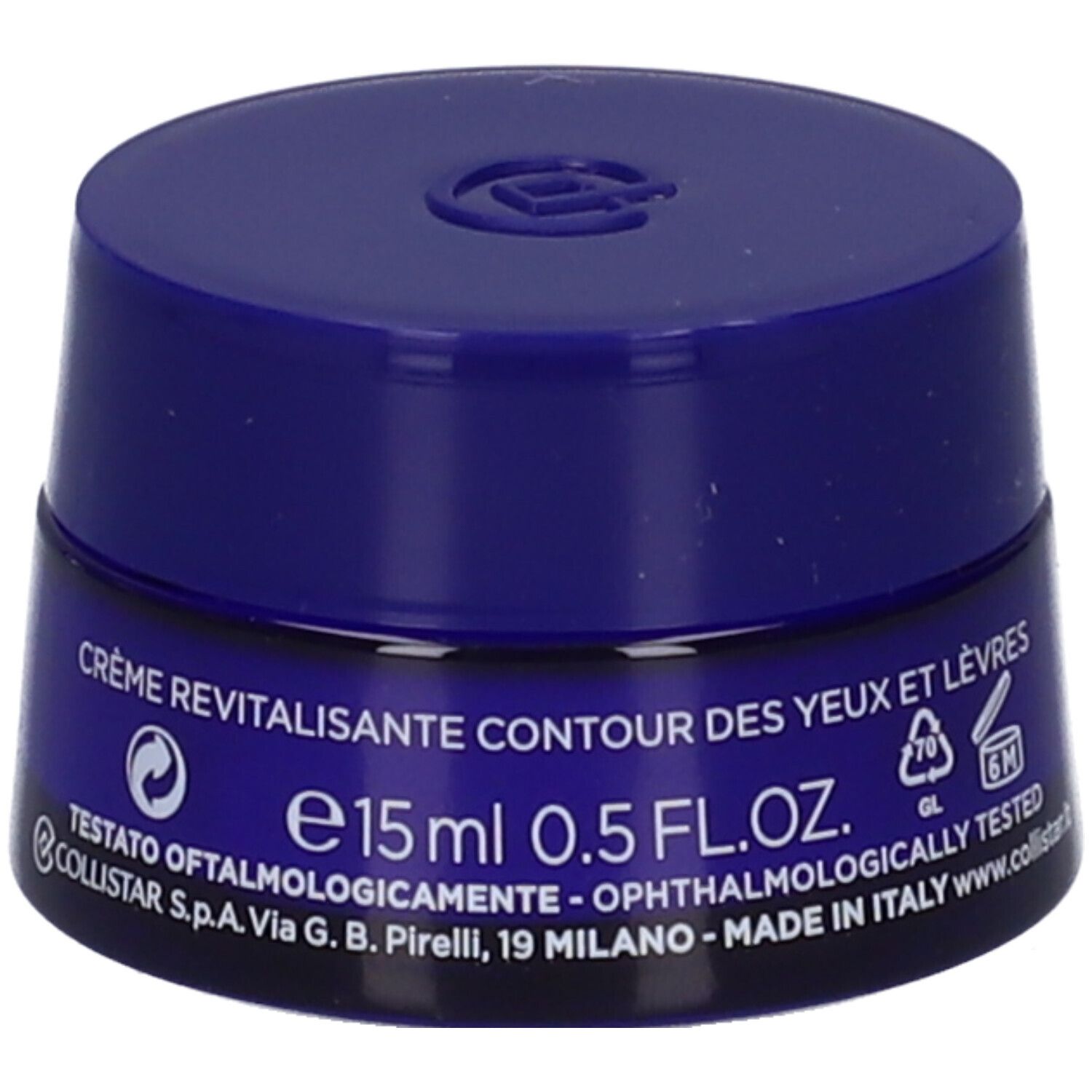 Vasetto blu con coperchio. Scritta: CREME REVITALISANTE CONTOUR DES YEUX ET LÈVRES. e15ml 0.5 FL.OZ.