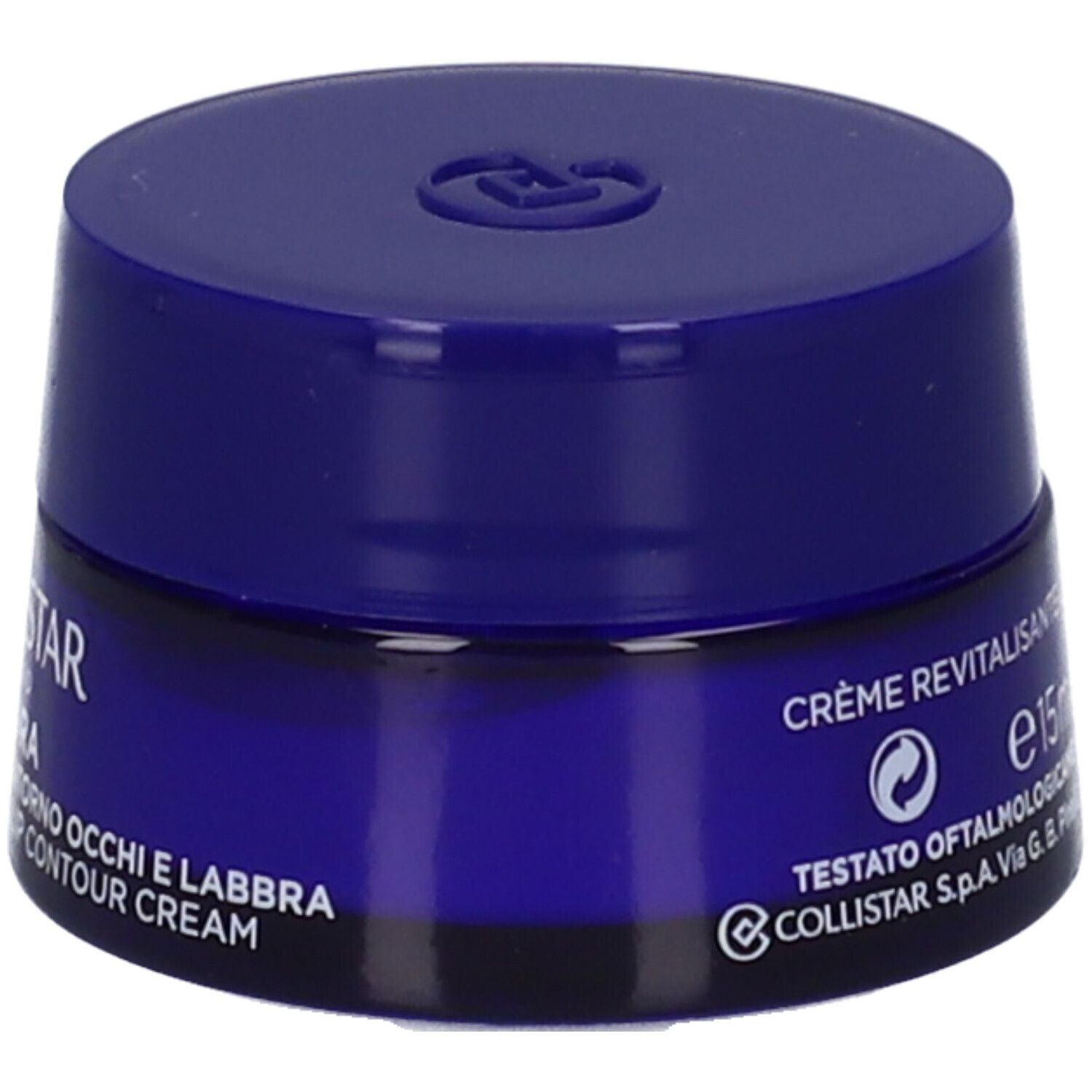 Vasetto blu con coperchio. Scritta: CREME REVITALISANTE CONTOUR DES YEUX ET LÈVRES. e15ml.