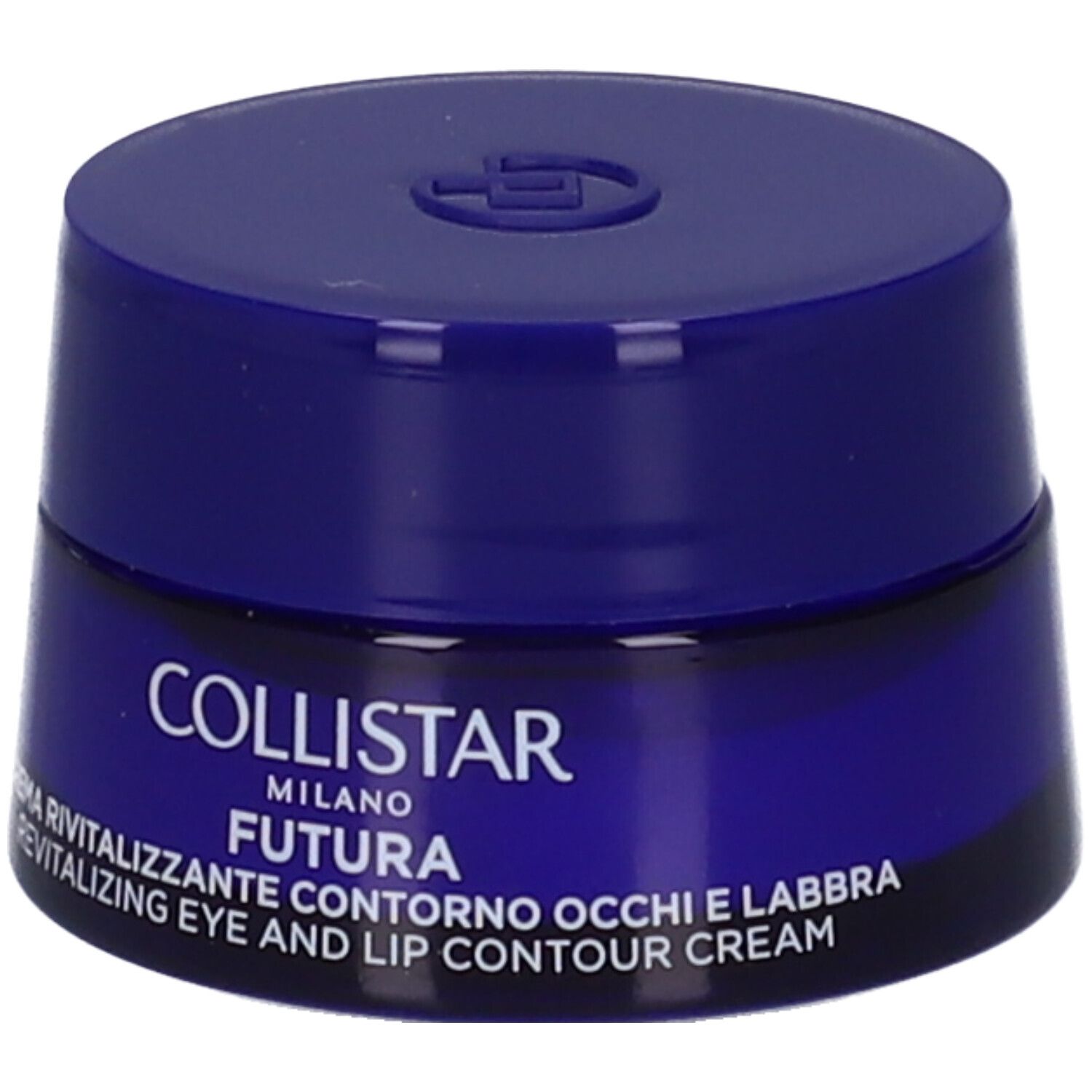Vasetto blu con coperchio. Scritta: COLLISTAR MILANO FUTURA CREMA RIVITALIZZANTE CONTORNO OCCHI E LABBRA.