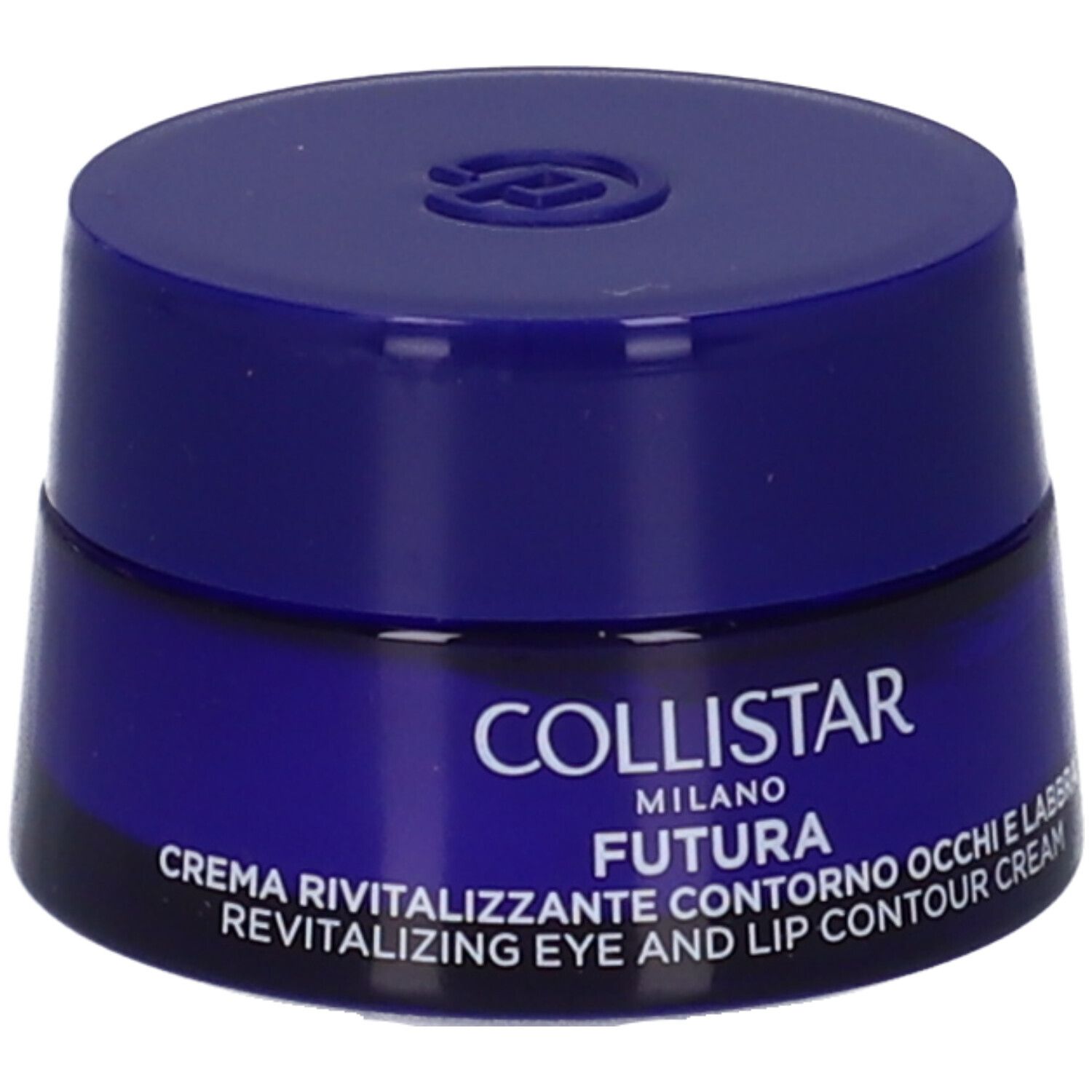 Vasetto blu con coperchio. Scritta: COLLISTAR MILANO FUTURA CREMA RIVITALIZZANTE CONTORNO OCCHI E LABBRA.