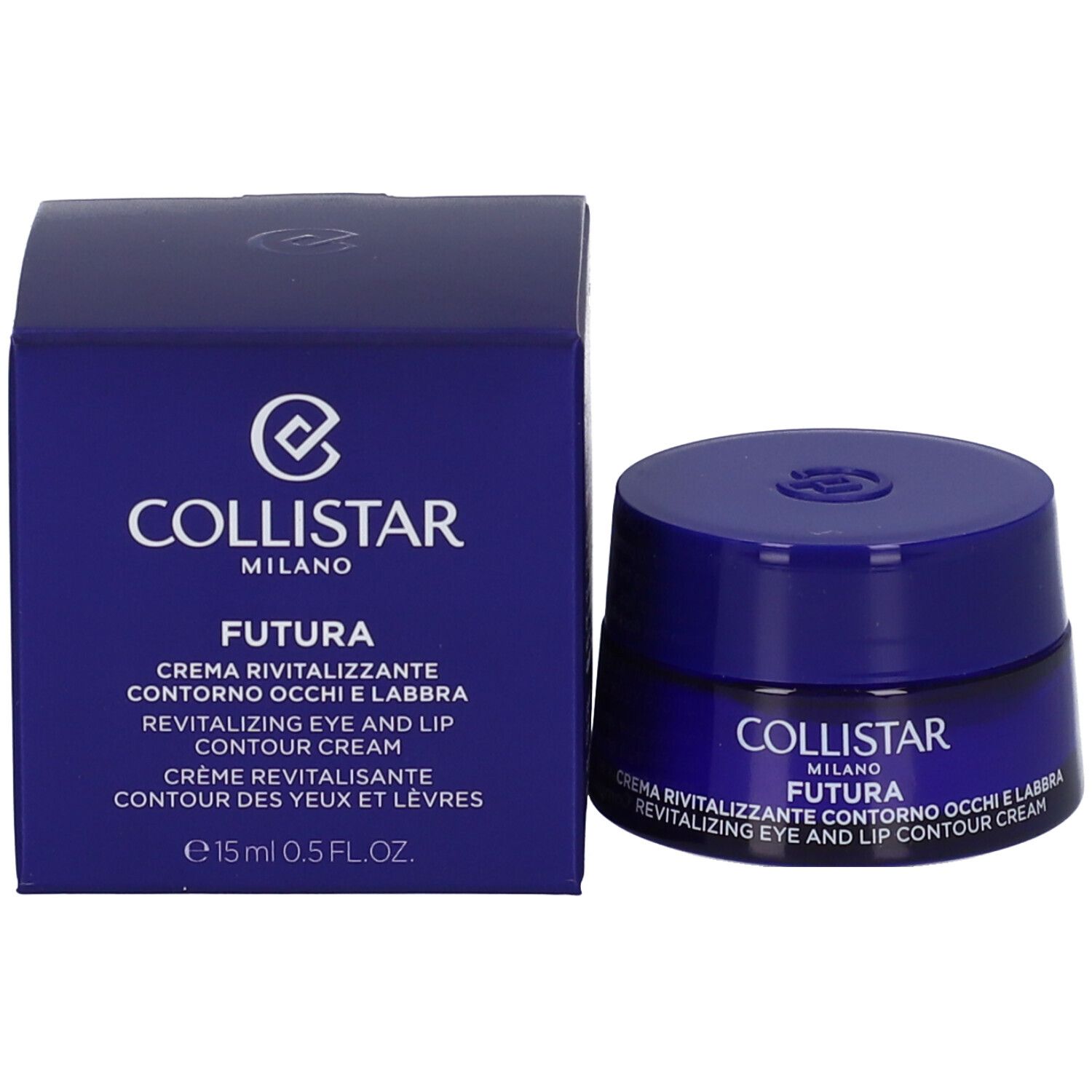 Vasetto e scatola blu. Scritta: COLLISTAR MILANO FUTURA CREMA RIVITALIZZANTE CONTORNO OCCHI E LABBRA. e15ml 0.5 FL.OZ.