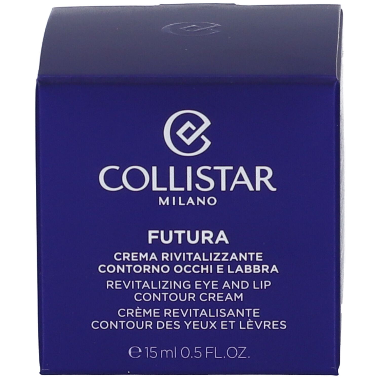 Scatola blu. Scritta: COLLISTAR MILANO FUTURA CREMA RIVITALIZZANTE CONTORNO OCCHI E LABBRA. e15ml 0.5 FL.OZ.