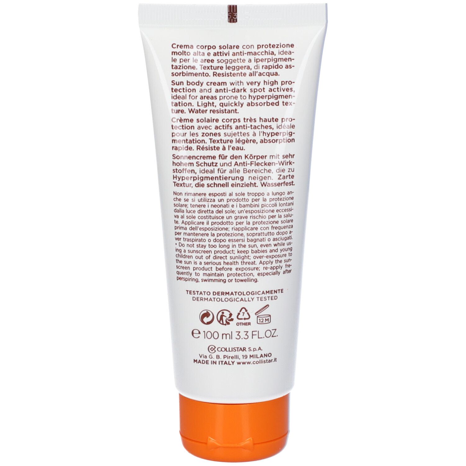 Retro del tubo. Testo multilingue. Tappo arancione. Dermatologicamente testato. 100 ml.