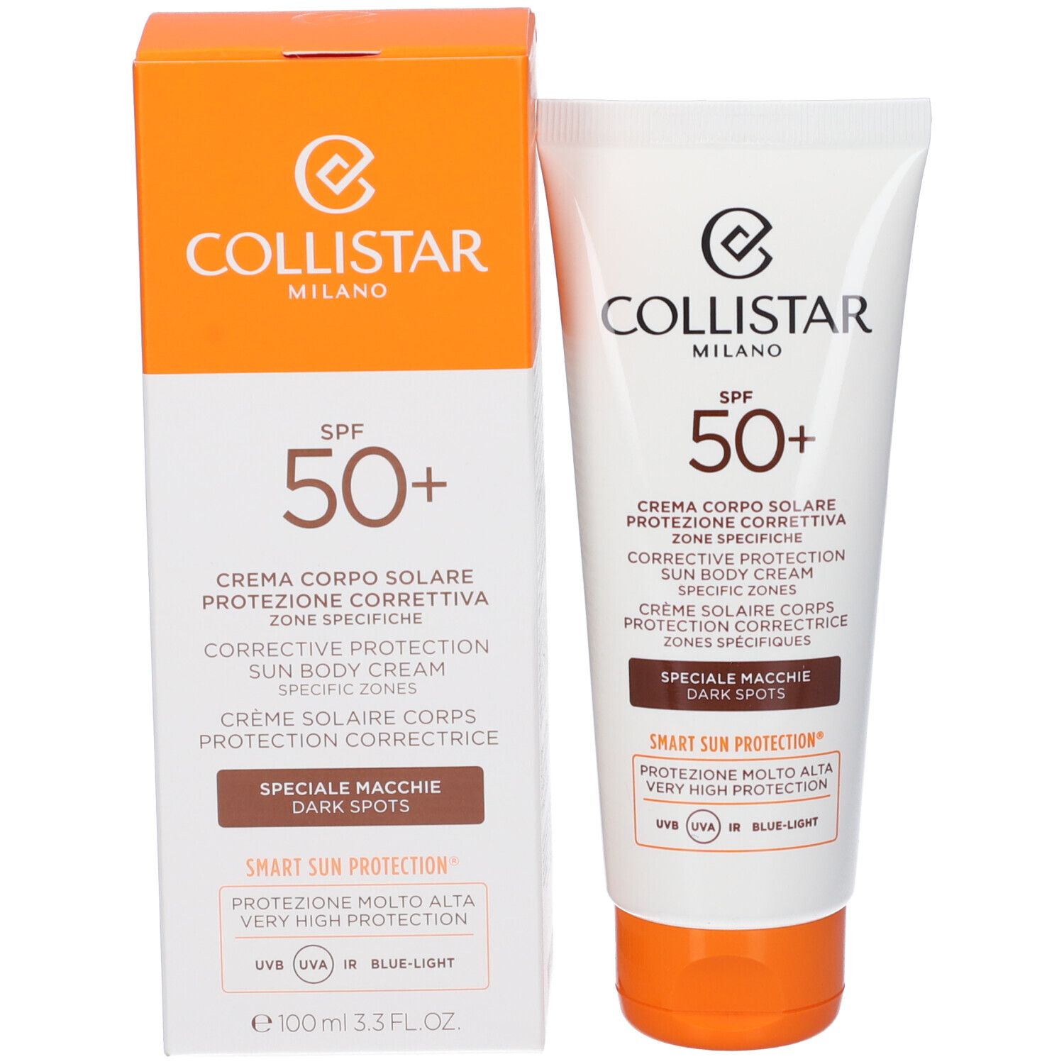 Confezione del prodotto: tubo e scatola. Tubo: bianco, tappo arancione. Scatola: arancione, bianca. Scritta: Collistar, SPF 50+.