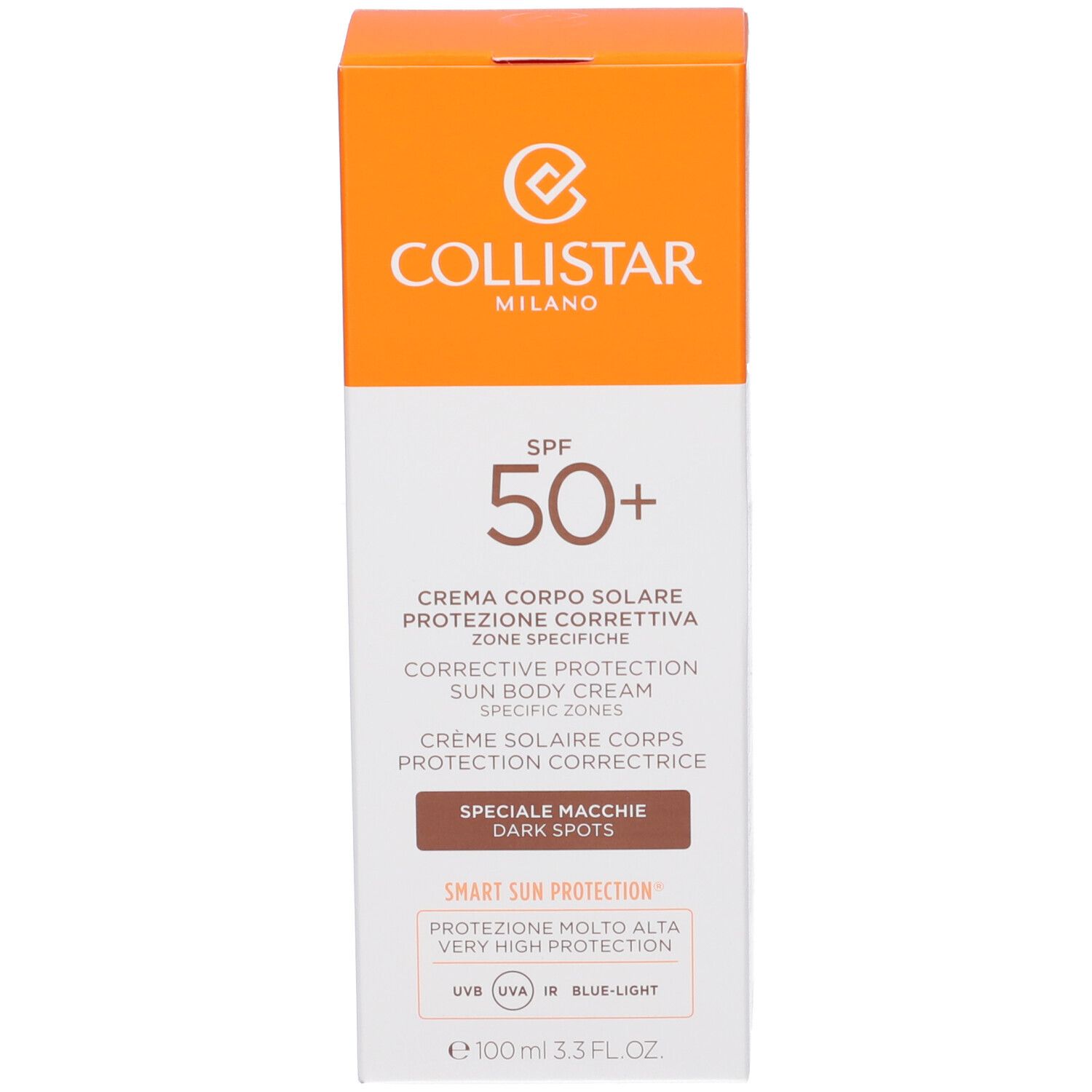 Confezione del prodotto: scatola. Arancione, bianca. Scritta: Collistar, SPF 50+, Crema Corpo Solare, Zone specifiche. Macchie scure.