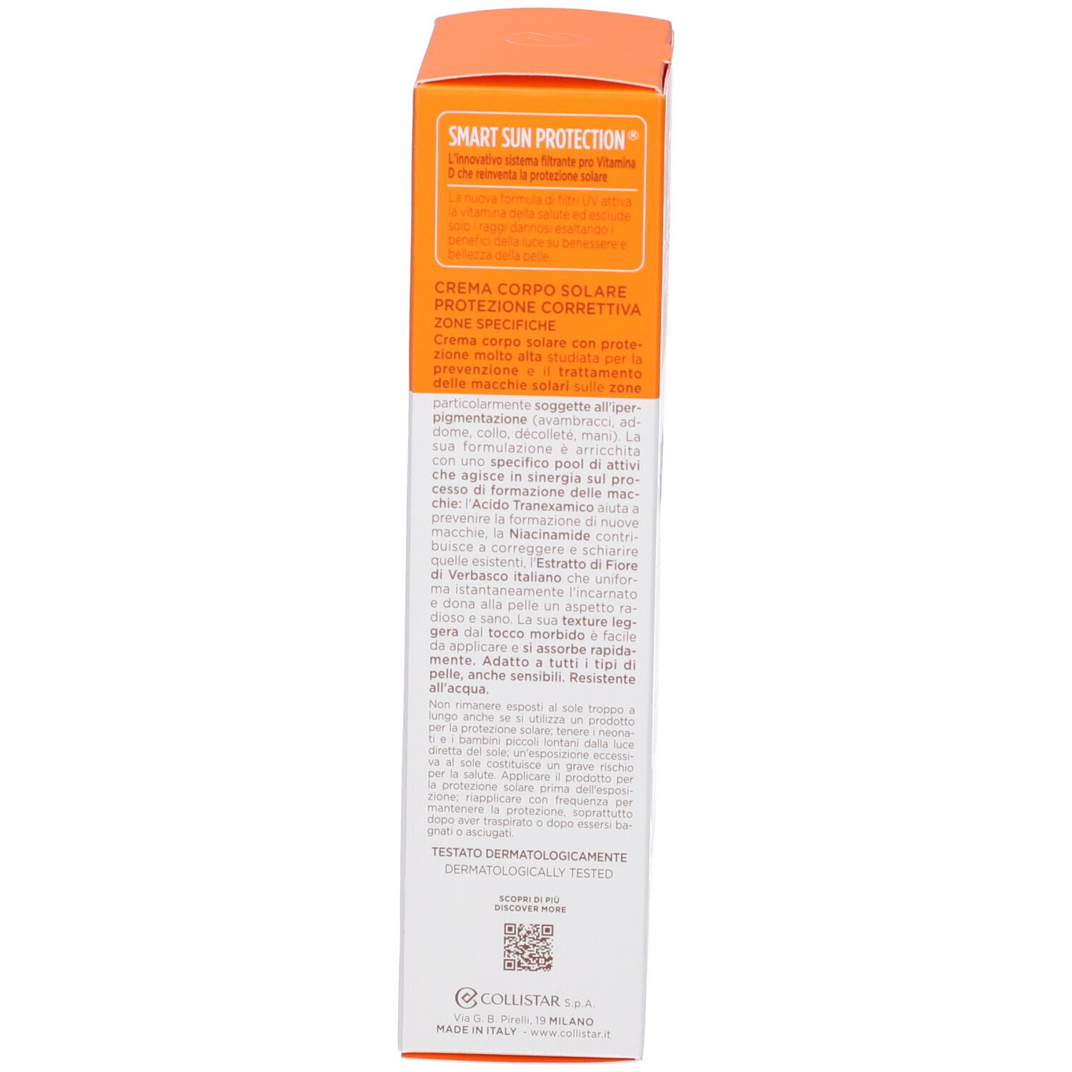 Retro della scatola. Testo multilingue. Area arancione. Dermatologicamente testato. 100 ml.