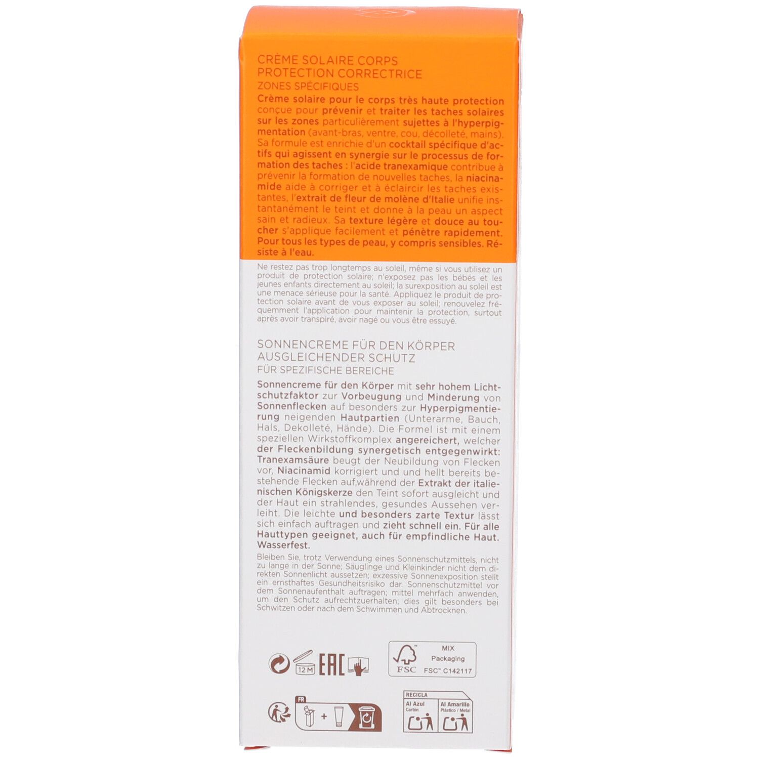 Retro della scatola. Testo in tedesco e francese. Area arancione. Dermatologicamente testato.