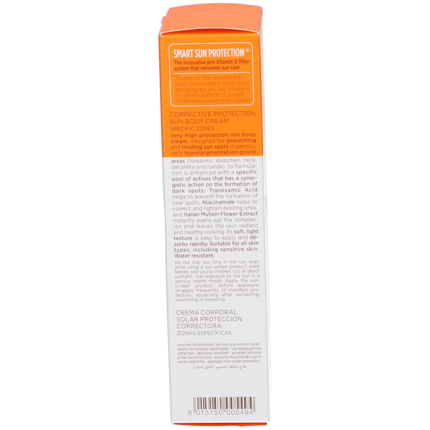 Lato della scatola. Testo multilingue. Area arancione. Ingredienti. Codice a barre.