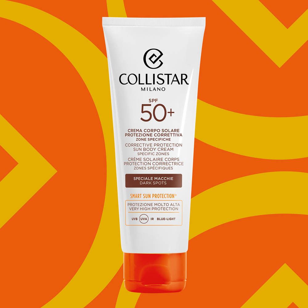 Tubo e scatola crema solare Collistar SPF 50+. Testo italiano. Sfondo arancione.
