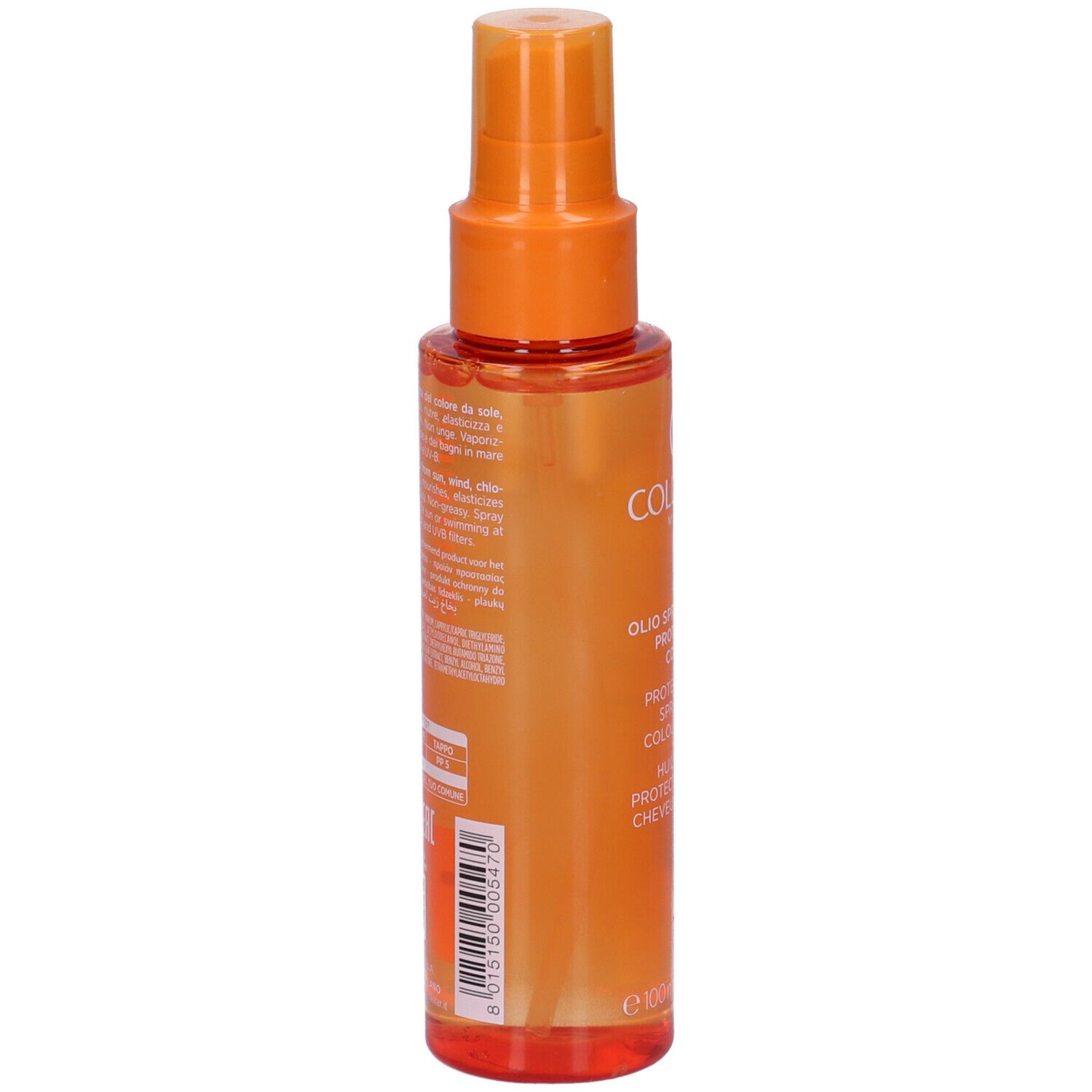 Retro del flacone spray arancione. Testo e codice a barre. Dettagli del prodotto.