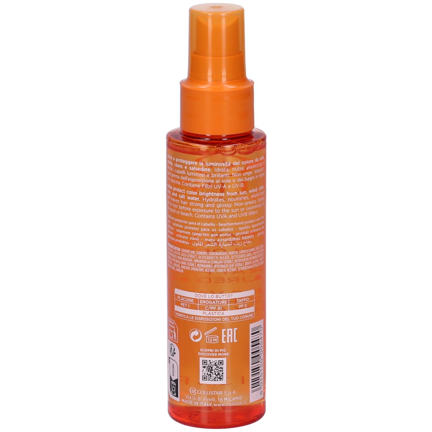 Retro del flacone spray arancione. Testo e simboli. Informazioni sul prodotto.