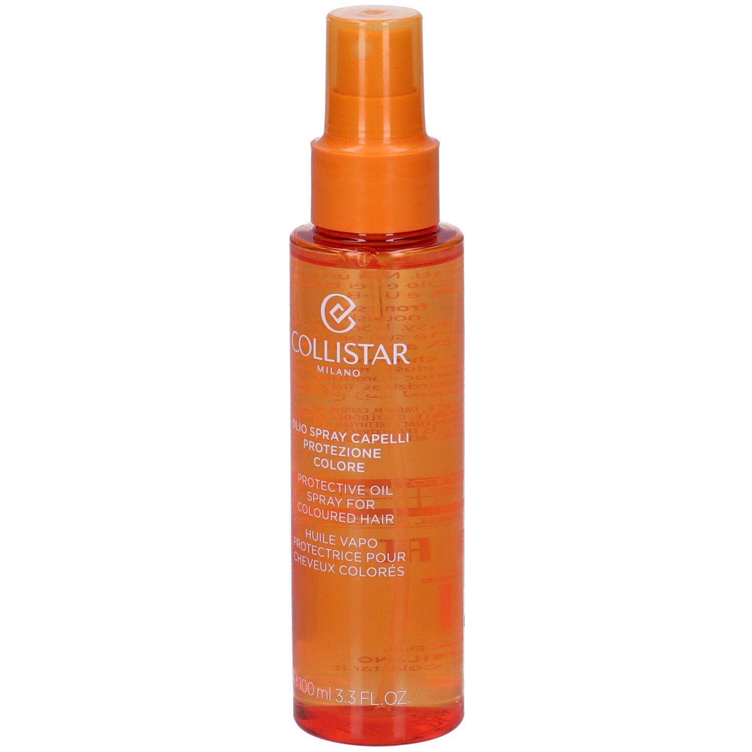 Flacone spray arancione. Testo: Collistar Milano, Olio Spray Capelli Protezione Colore, Protective Oil Spray for Coloured Hair.