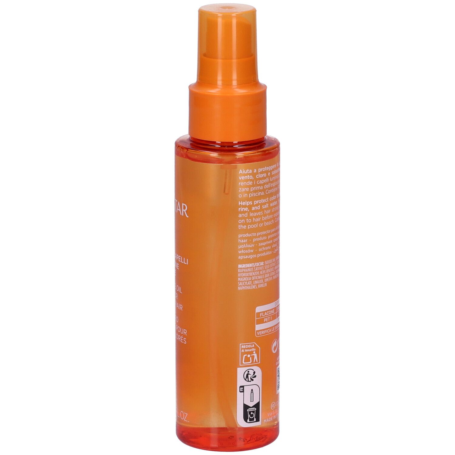 Retro del flacone spray arancione. Testo e simboli. Informazioni sul prodotto.