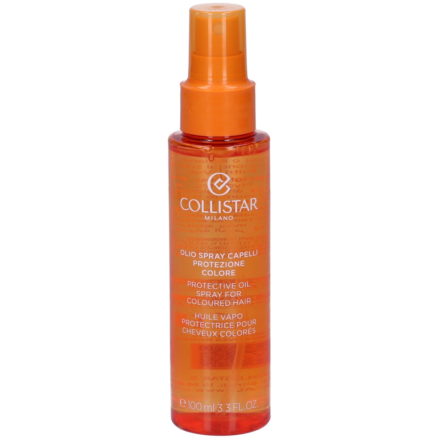 Flacone spray arancione. Testo: Collistar Milano, Olio Spray Capelli Protezione Colore, Protective Oil Spray for Coloured Hair.