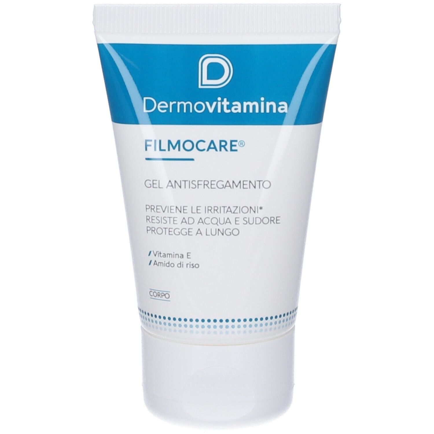 Tubo bianco e blu con nome e logo del prodotto. Testo: Gel anti-sfregamento, protegge da irritazioni, acqua e sudore. Contiene vitamina E.