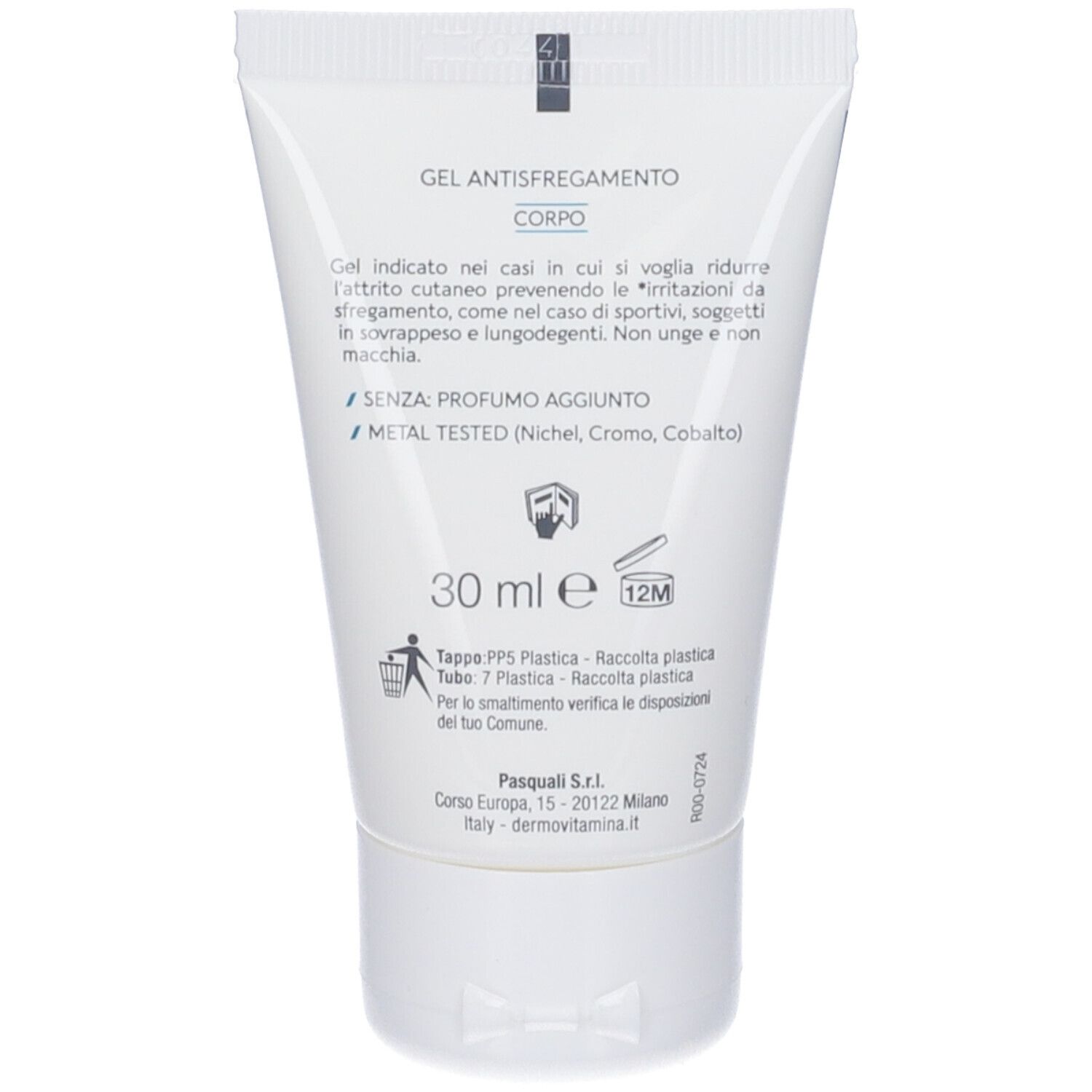 Retro del tubo. Testo: Gel anti-sfregamento, per sportivi, contro le irritazioni. Senza profumo. Testato al metallo. 30 ml. Simbolo di riciclaggio.